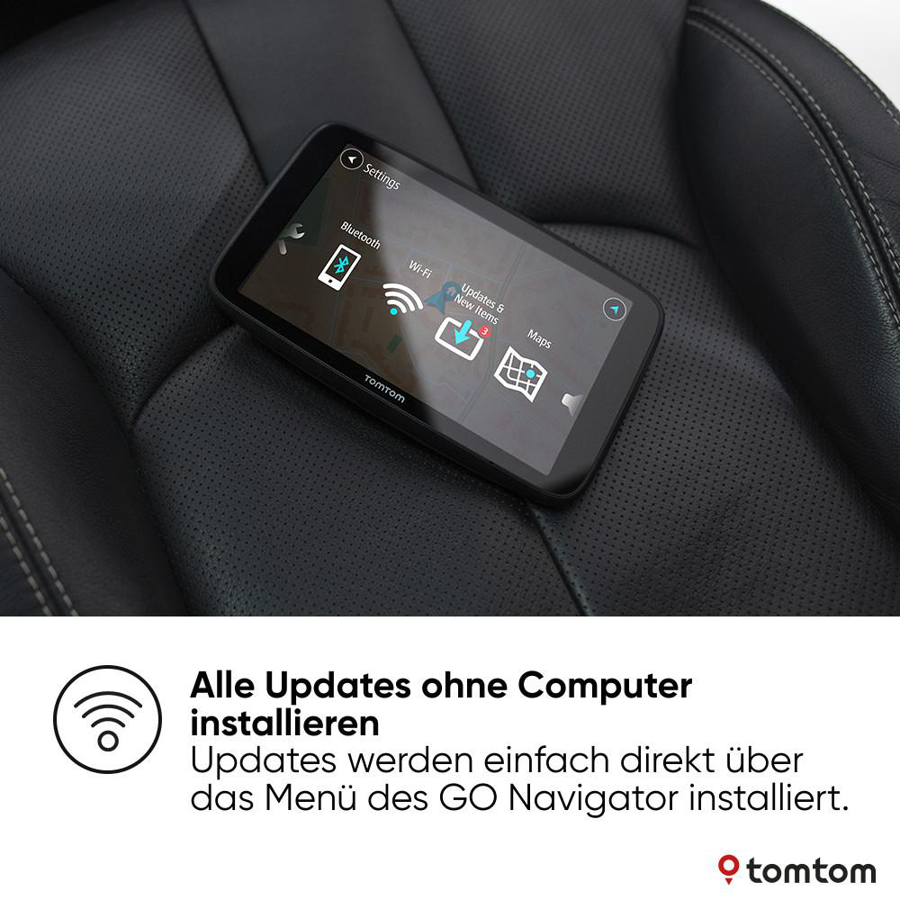 TomTom-Navigationsgerät mit WLAN-Symbol und Kartendetails.