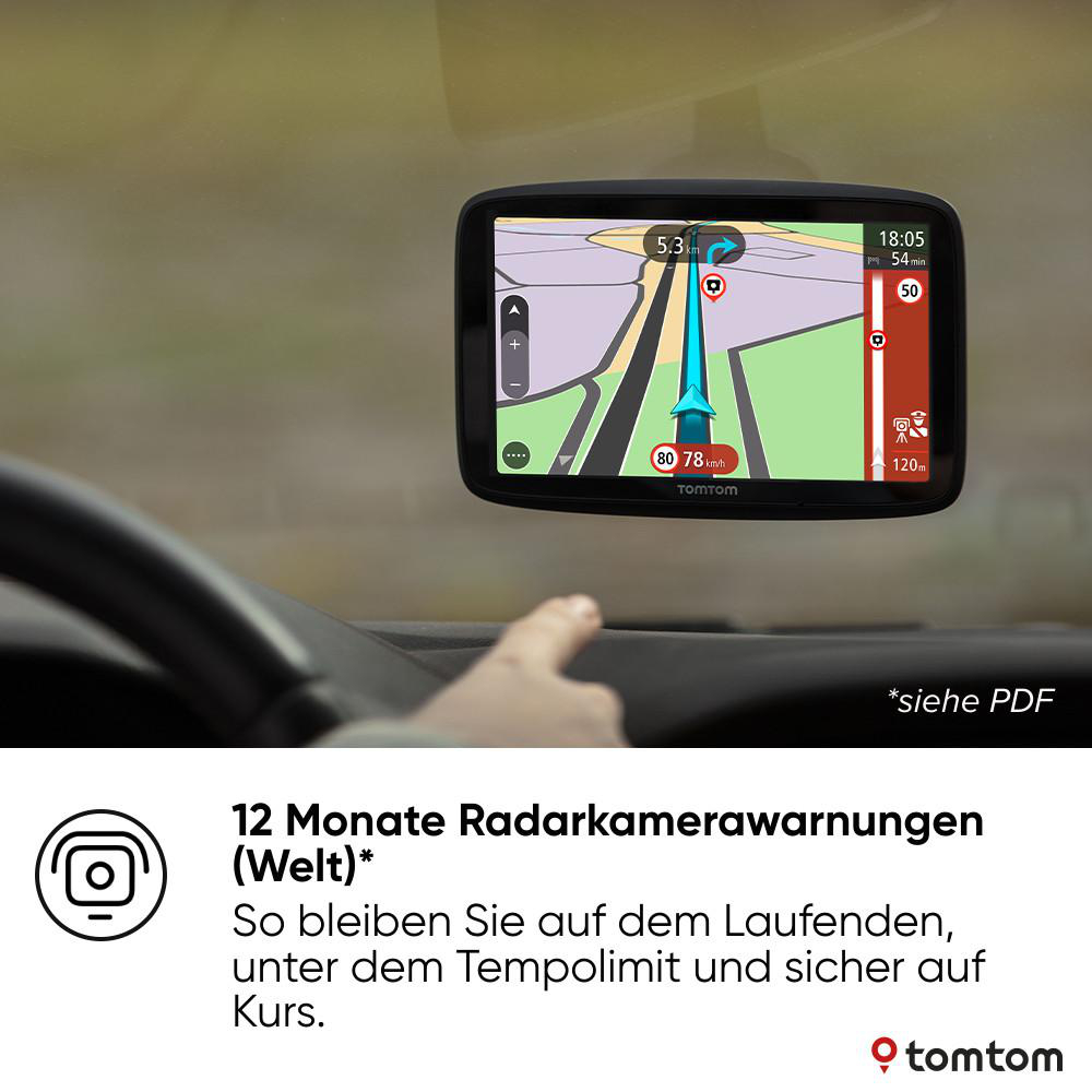 GPS-Gerät mit Kartenansicht, Route, Geschwindigkeit und Zeitangaben.