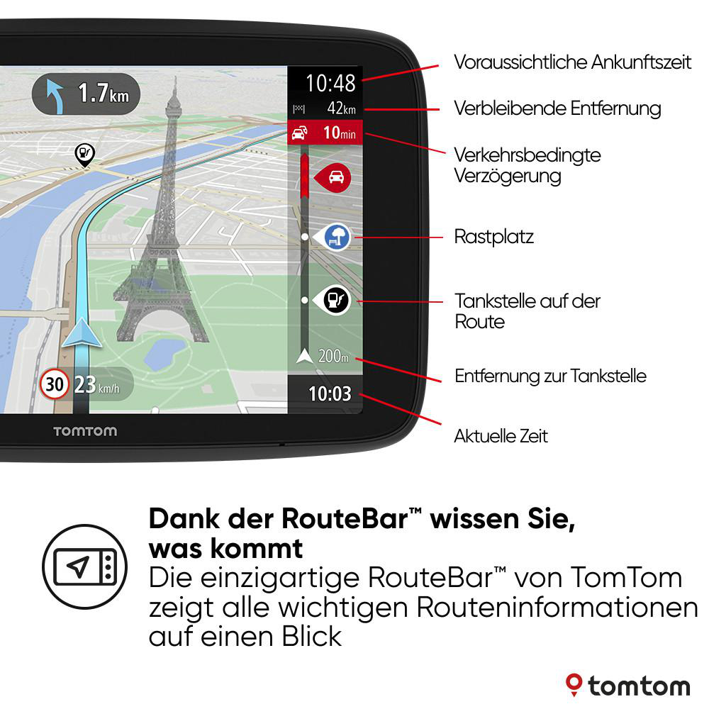 TomTom GPS-Gerät mit Kartenansicht, Routeninformationen und Grafik.