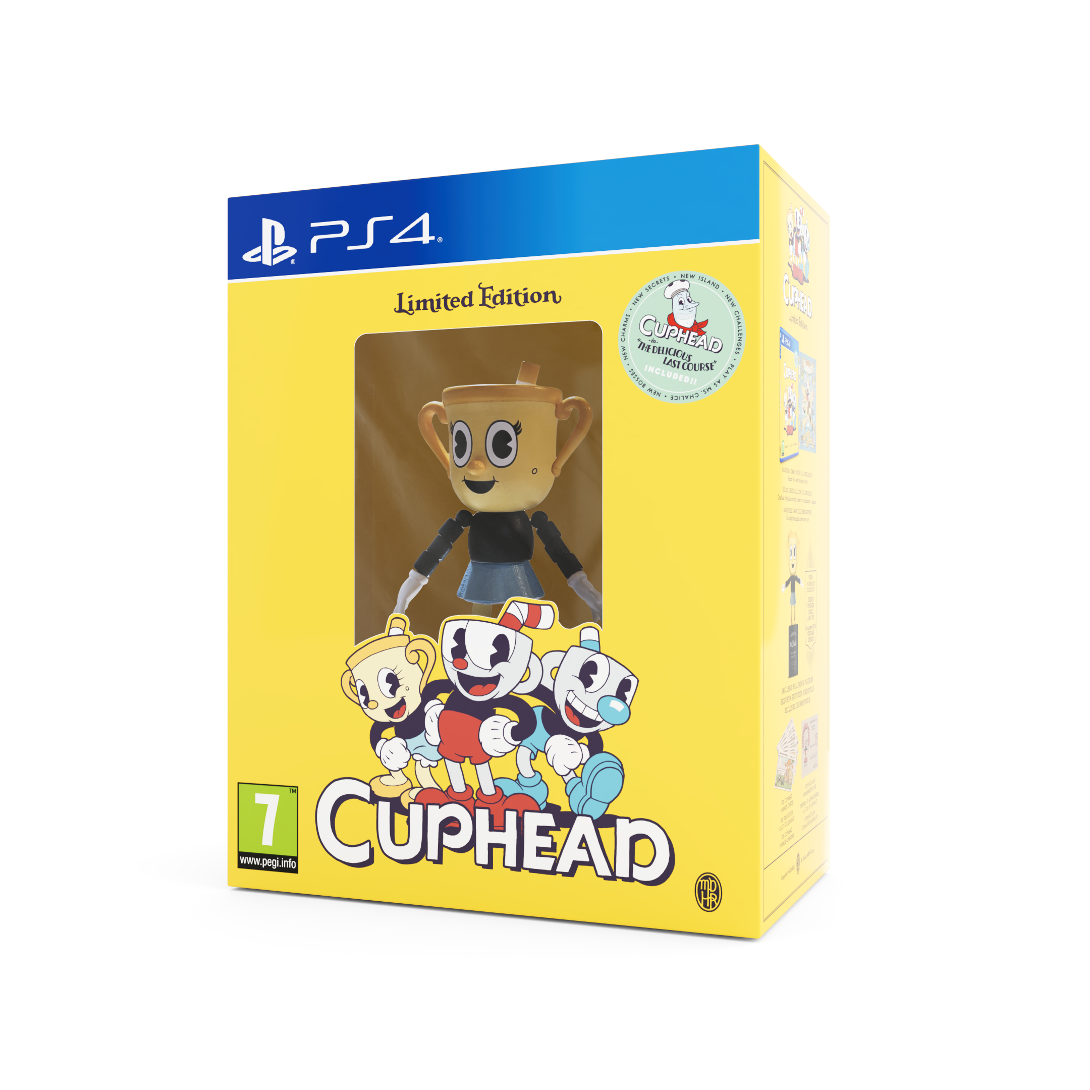 Pudełko Cuphead PS4 Limited Edition. W środku figurka. Żółte pudełko z grafiką postaci.