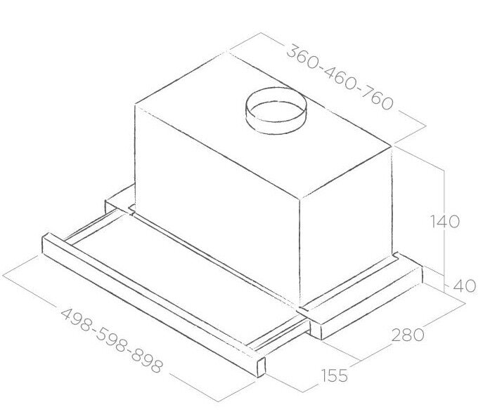 Rysunek linii okapu z wymiarami: 360-460-760, 498-598-898, 140, 280, 155 i 40.