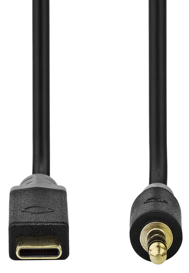 Két fekete kábel. Az egyik USB-C csatlakozóval, a másik 3,5 mm-es audio jack csatlakozóval rendelkezik. Mindkettő szürke illesztésekkel.