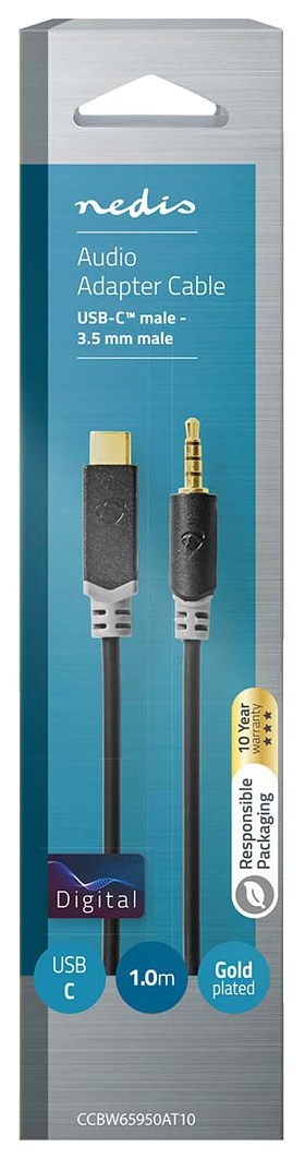 Fekete Nedis audio adapter kábel. USB-C és 3,5 mm-es dugókkal, aranyozott. A csomagolás ezüst és kék.