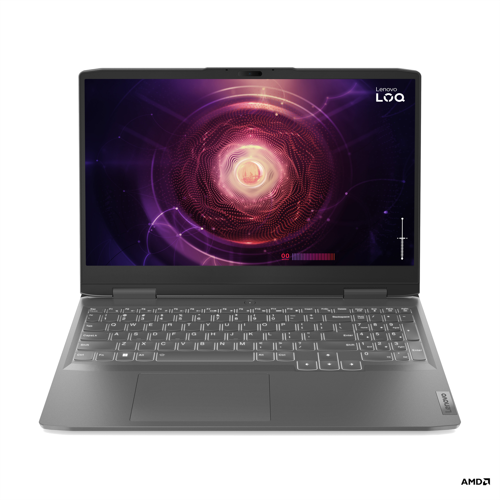 Bir Lenovo LoQ dizüstü bilgisayar. Açık, grafik gösteriyor, klavye ve ekran ile.