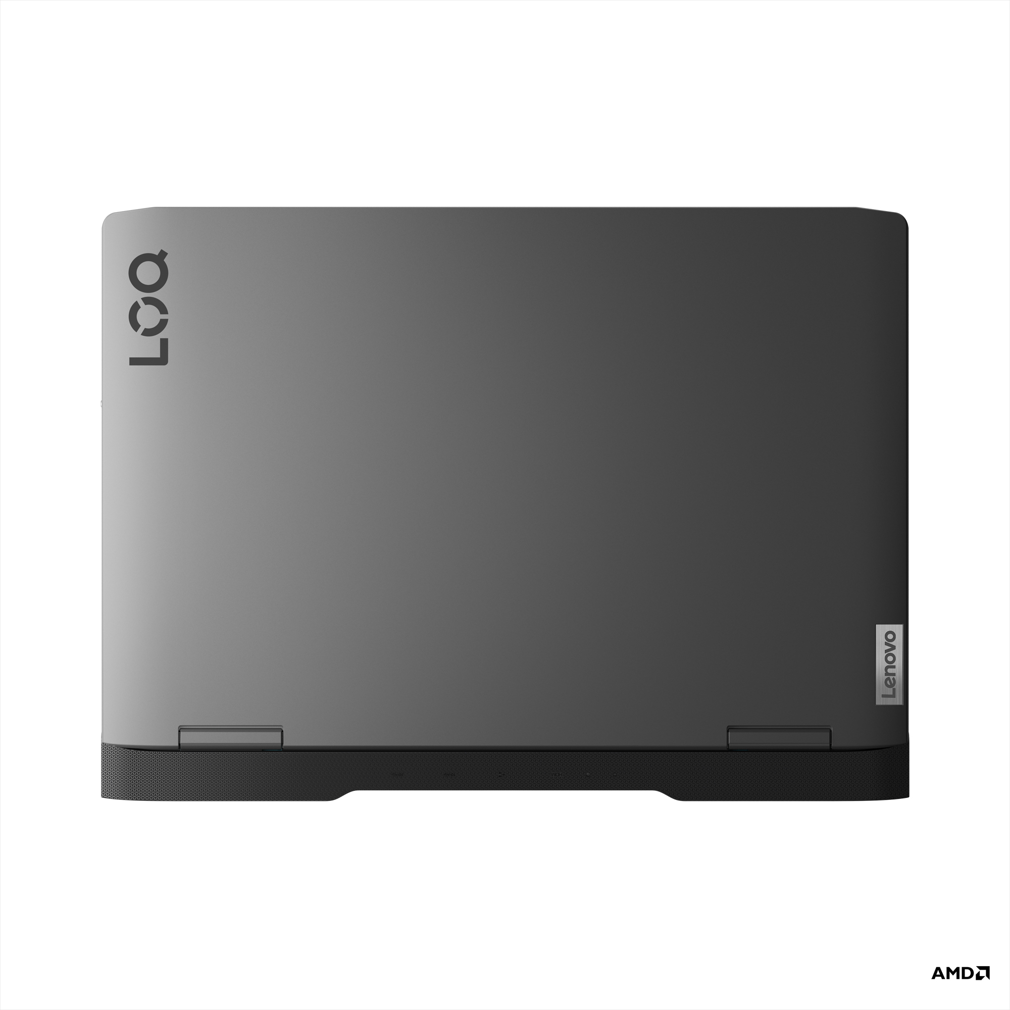 Lenovo logosu ve AMD logosu olan dizüstü bilgisayar, kapalı, gri renk.