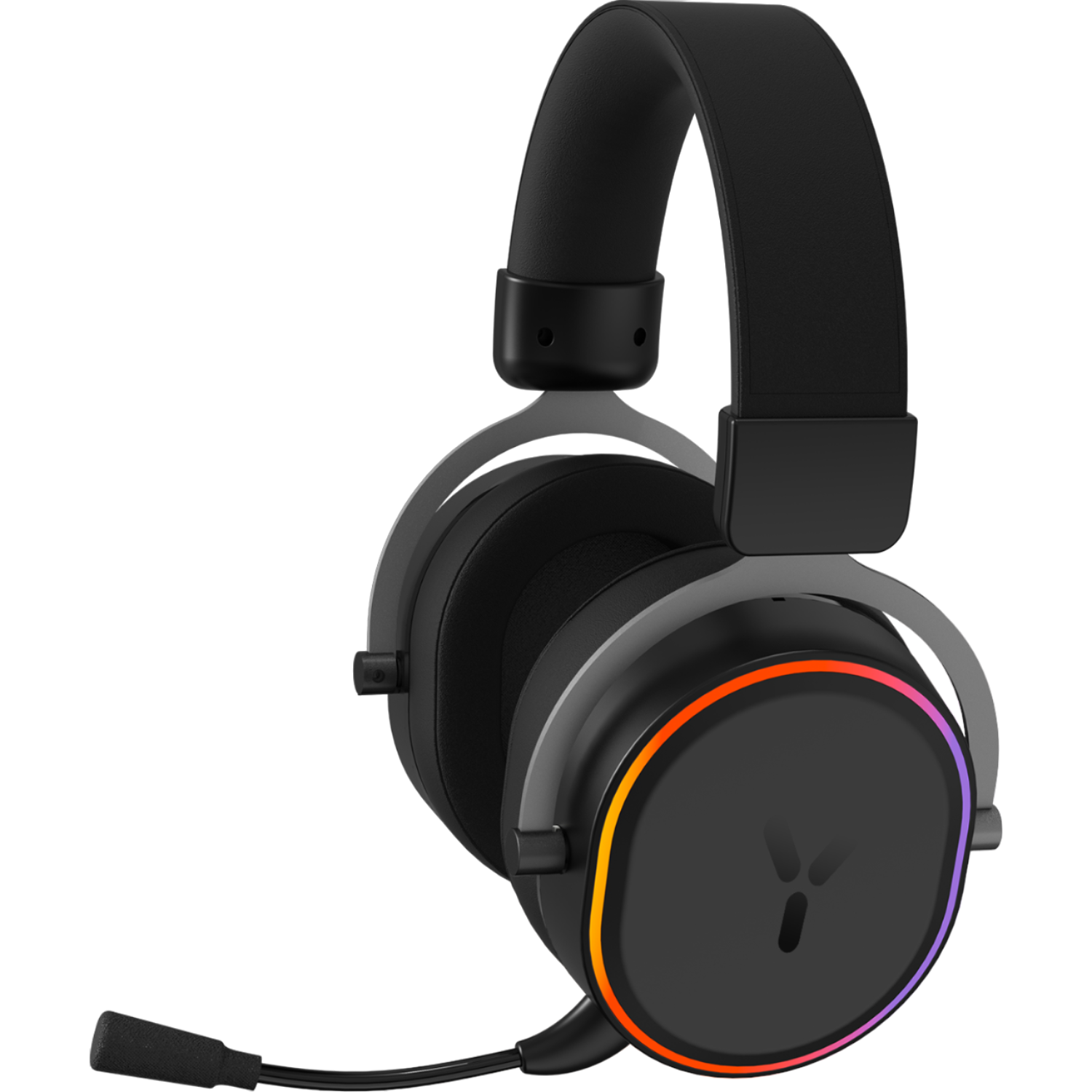 Zwarte gaming headset met microfoon en gekleurde oorschelplichtjes. Donkere achtergrond.