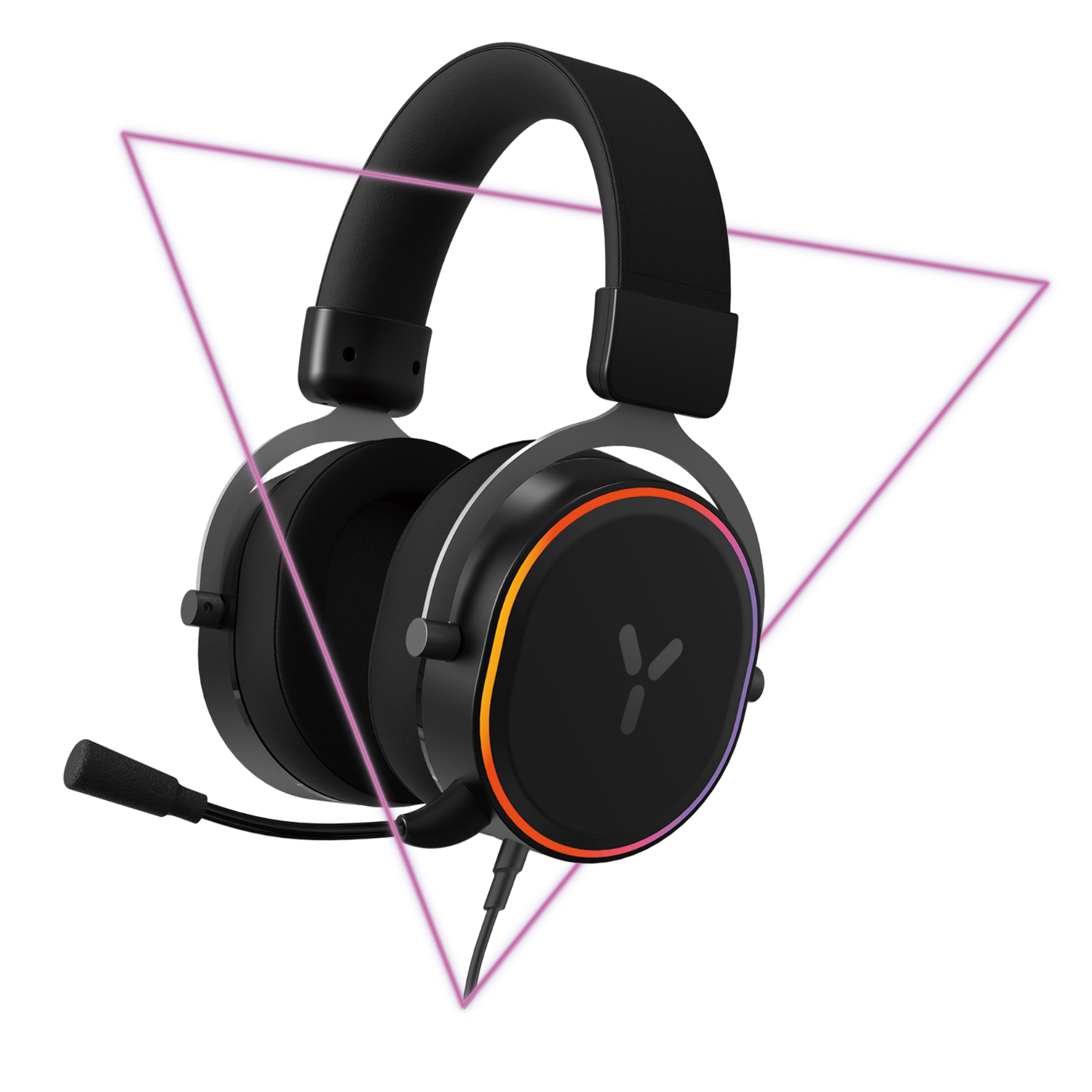 Zwarte gaming headset met kleurrijke accenten, microfoon en witte achtergrond met een driehoek.