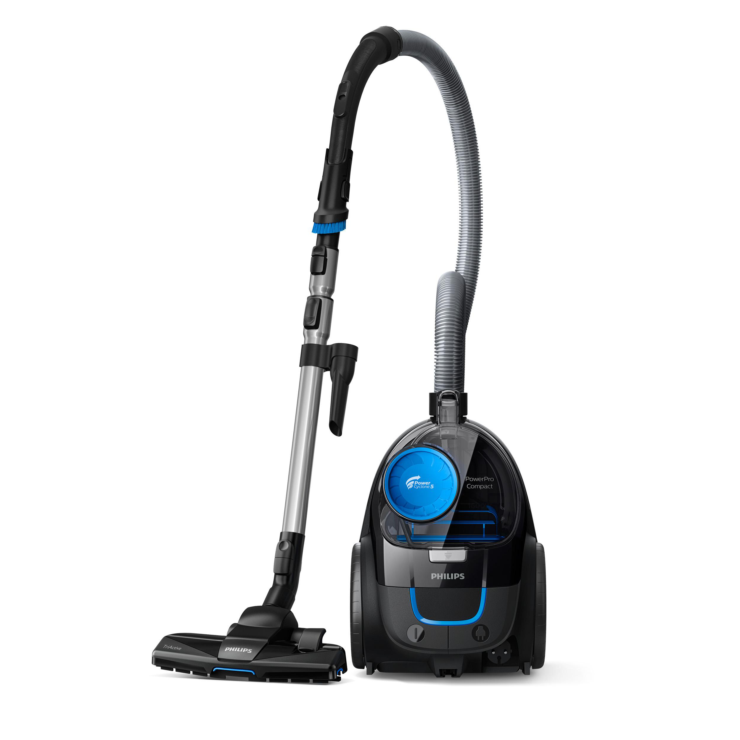 Schwarzer und blauer Philips Staubsauger mit Schlauch. Weißer Hintergrund.