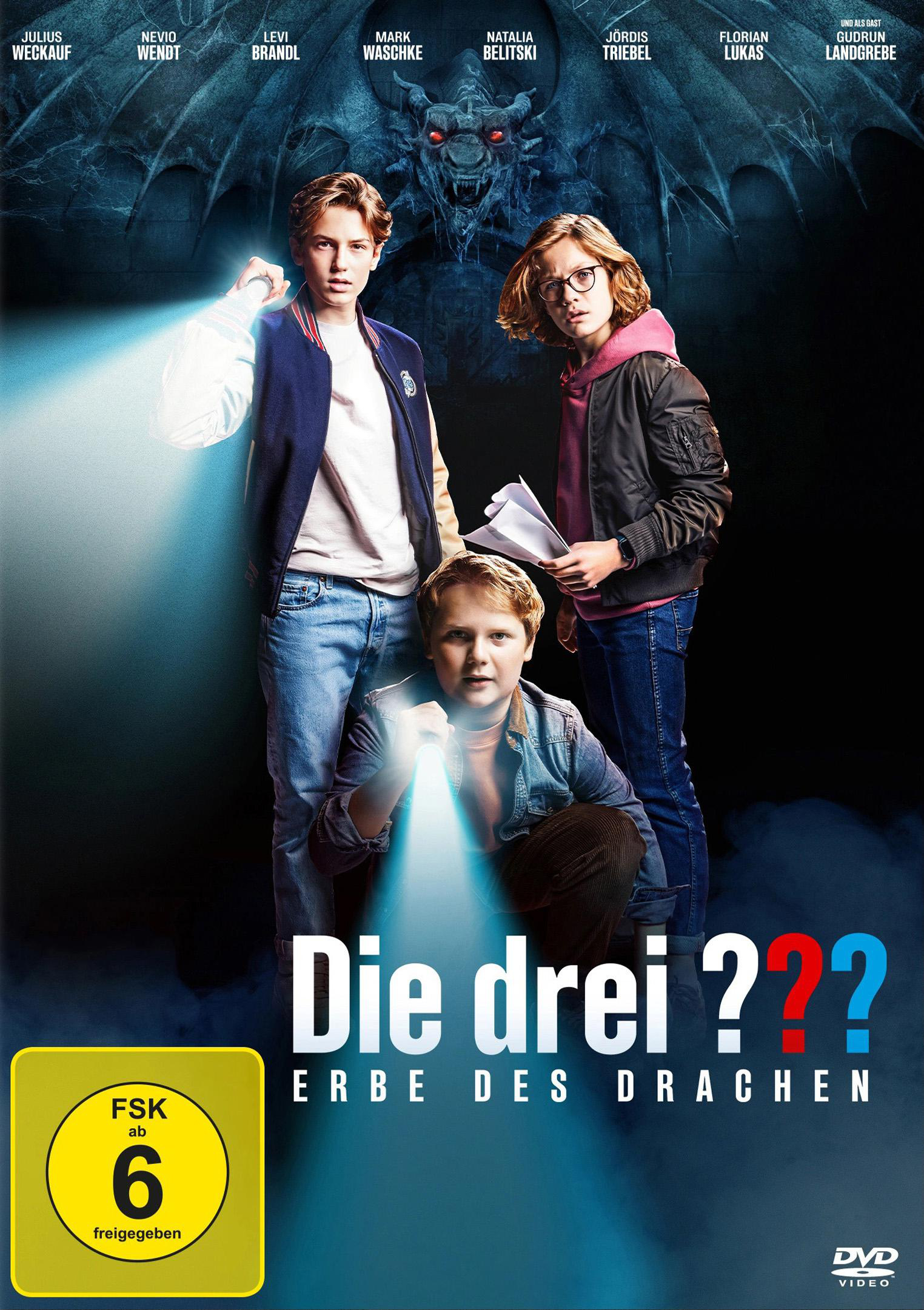 Filmcover, drei Kinder mit Taschenlampen, Titel: Die drei ??? Erbe des Drachen.