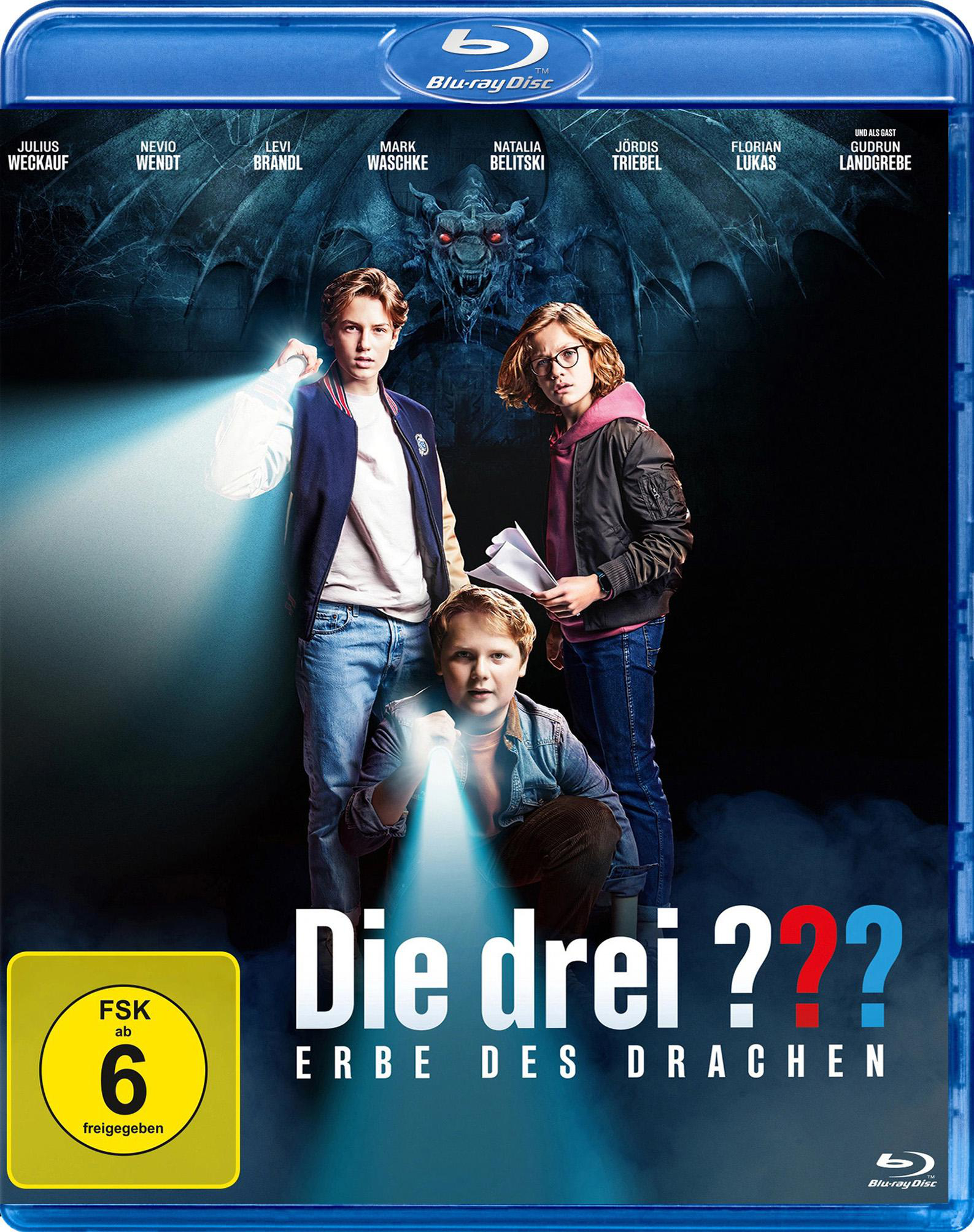 Blu-ray-Cover: Drei Jungen mit Taschenlampen, ein dunkler Drache und der Titel "Die drei ???".