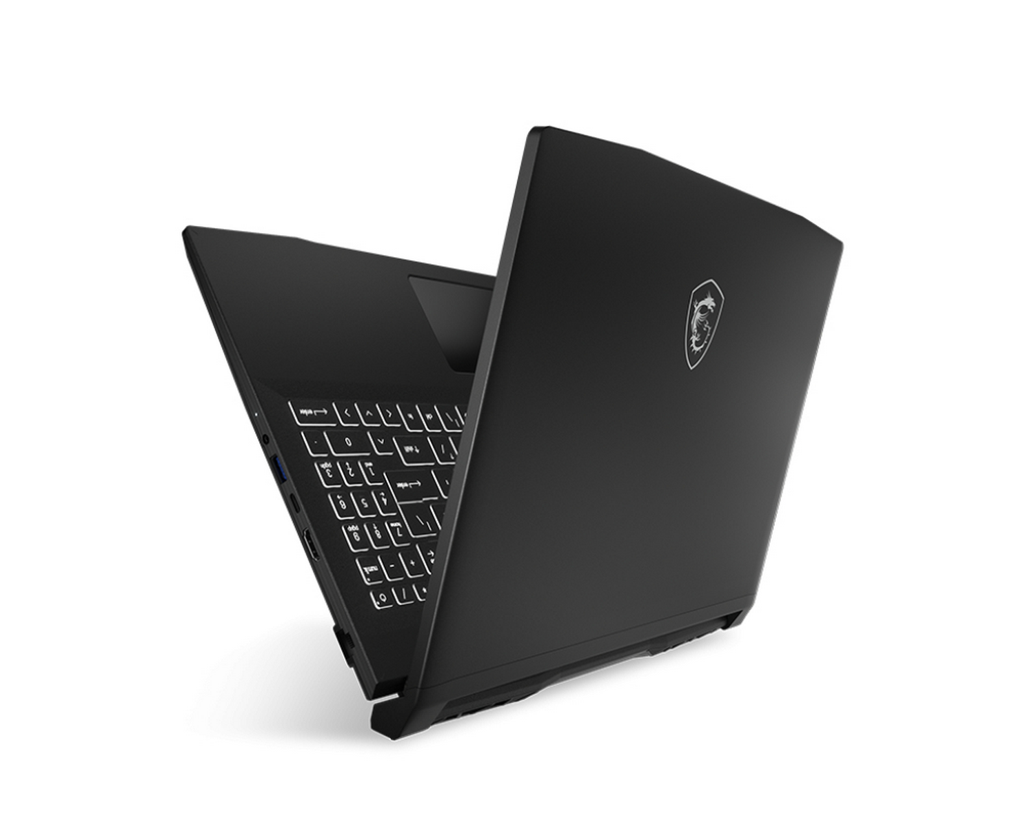 Ordenador portátil negro sobre un fondo blanco. La pantalla está abierta y el teclado es visible.