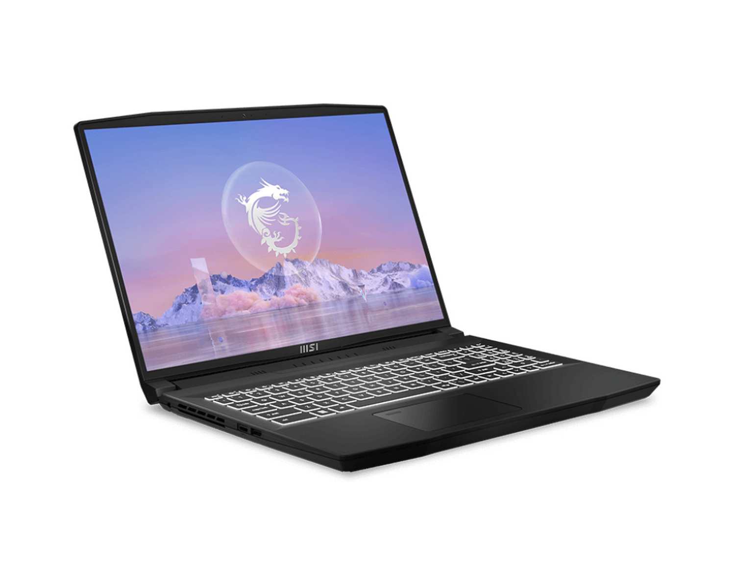 Un portátil negro con teclado blanco y pantalla mostrando un paisaje.