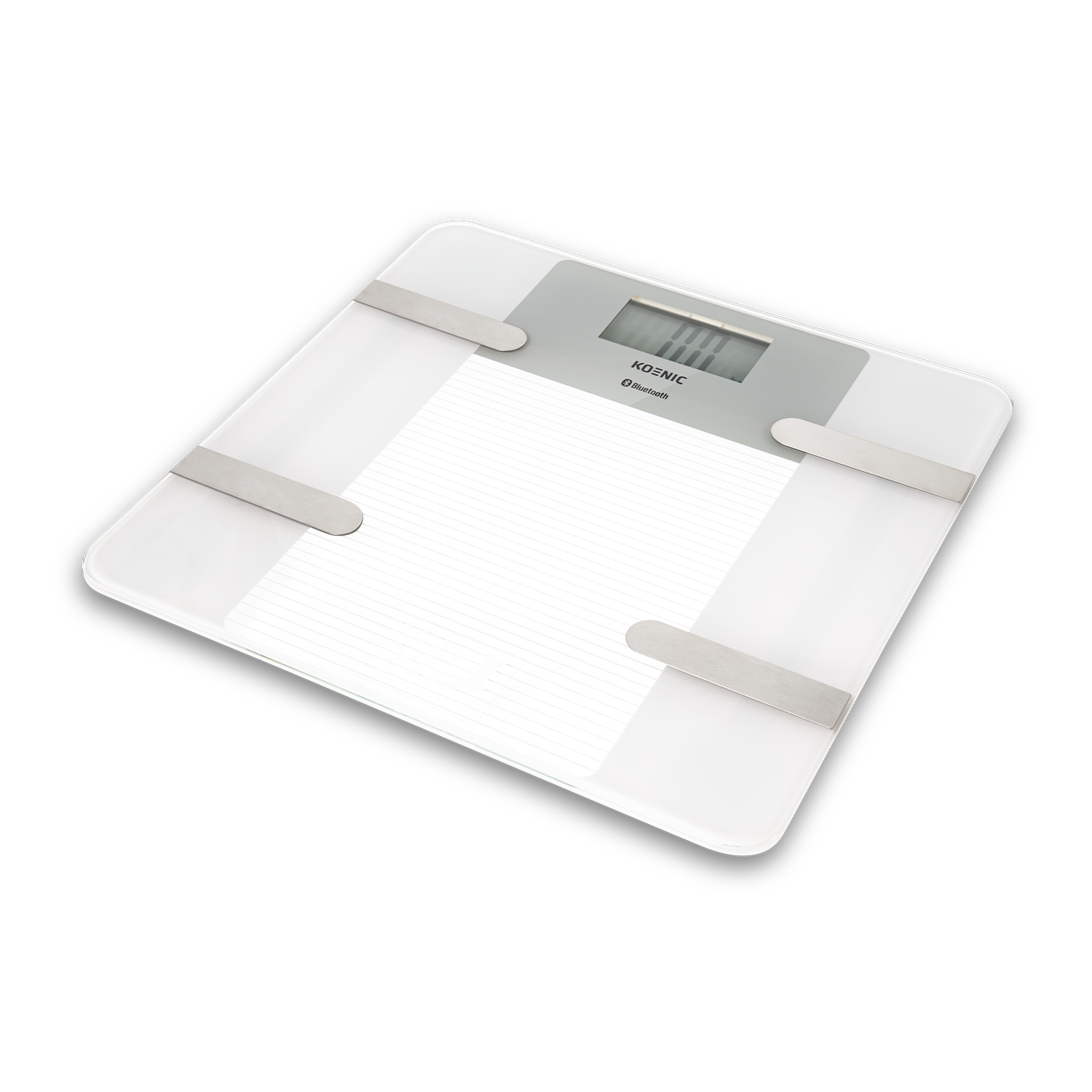 Bilancia digitale da bagno su superficie bianca, con logo Koenic e icona Bluetooth.
