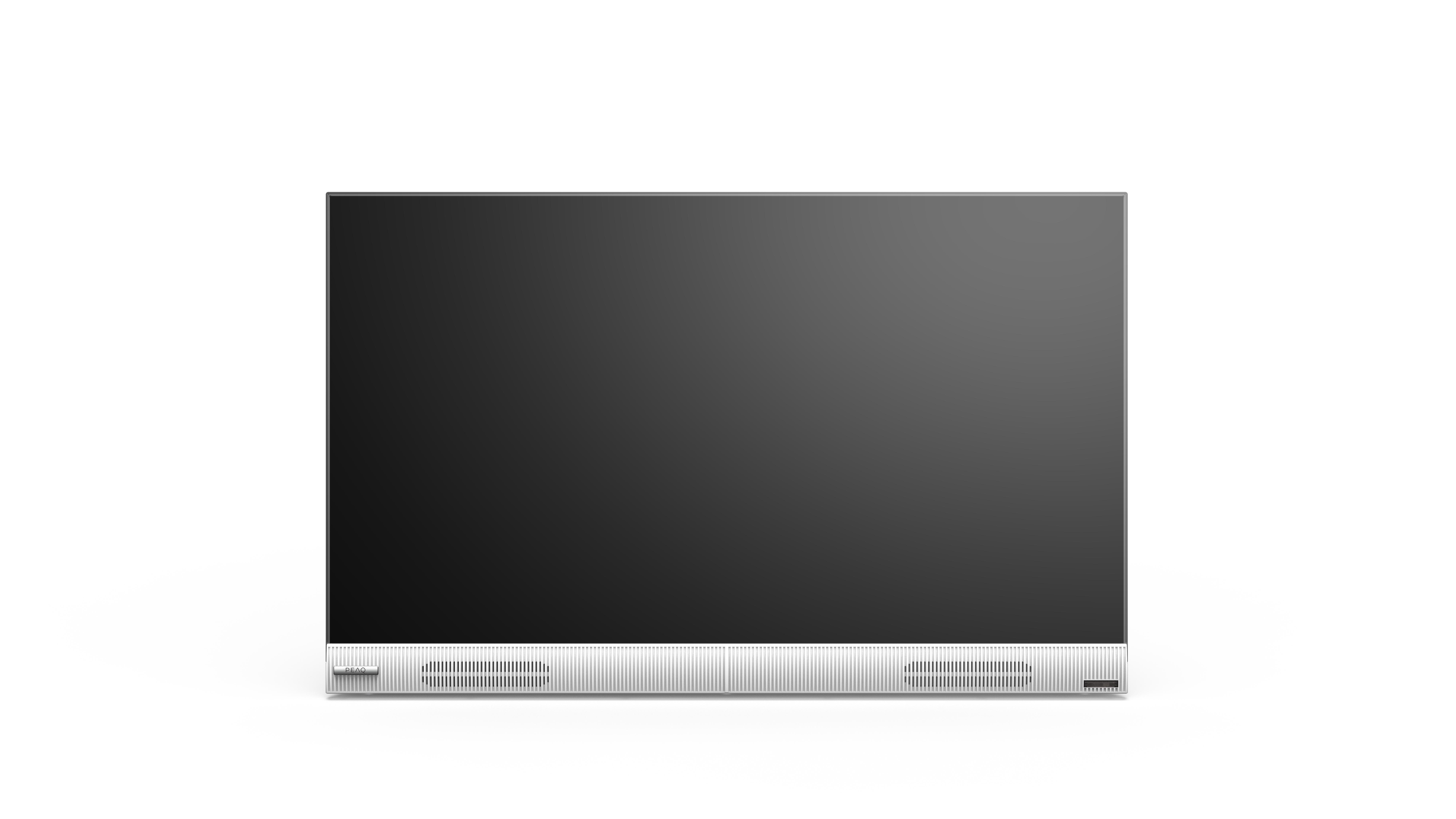 Ein schwarzer, rechteckiger Fernseher mit silbernem Sockel auf weißem Hintergrund.