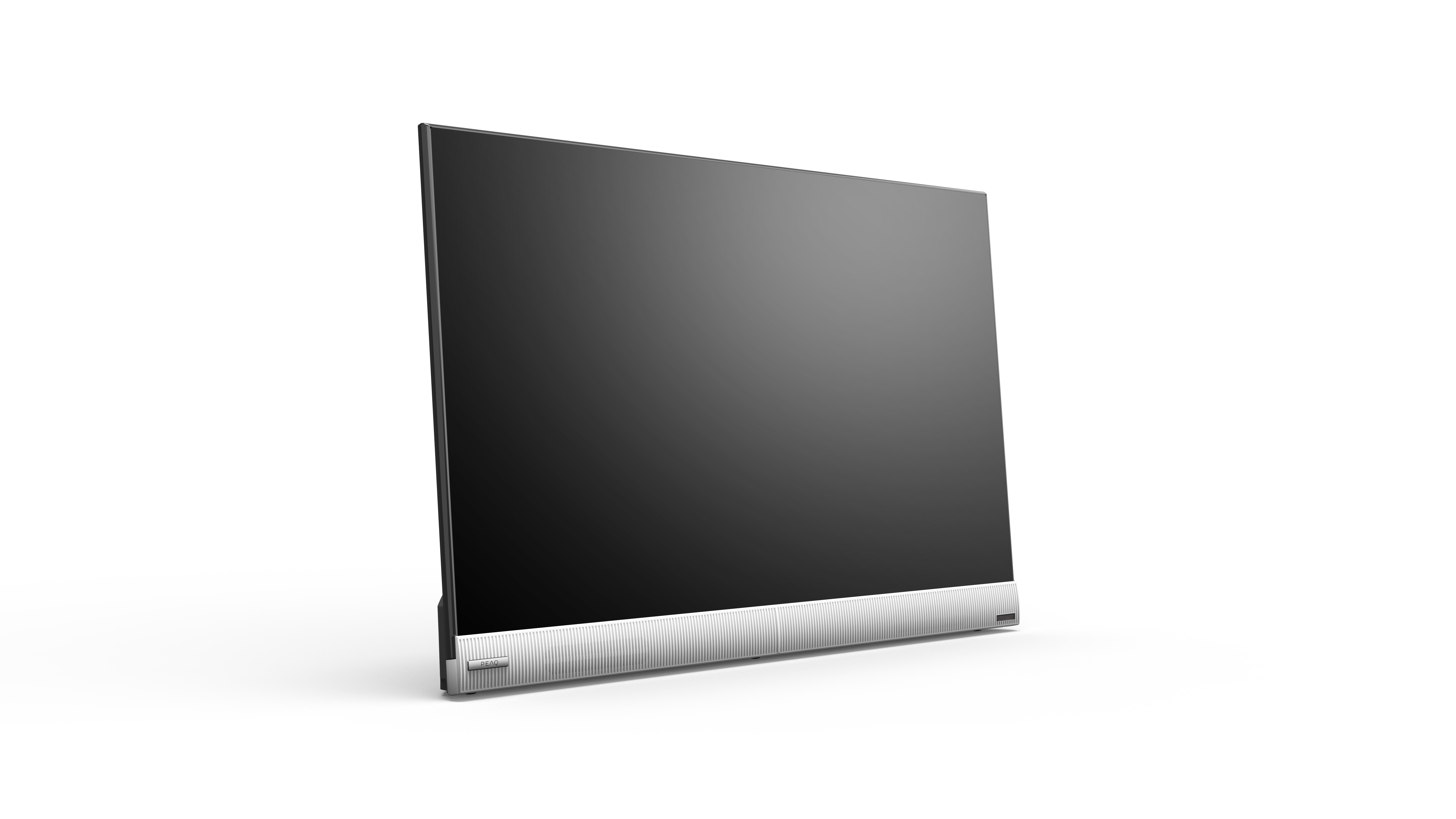 Ein moderner Fernsehbildschirm mit einer weißen Soundbar am unteren Rand.