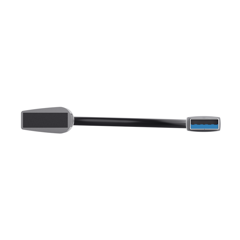 Cable USB negro con conector gris y azul sobre fondo negro.