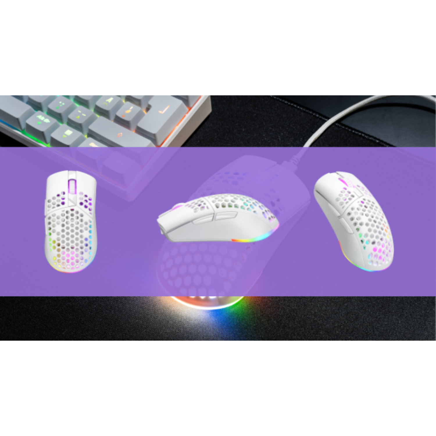 Three white gaming mouses with honeycomb pattern, on a purple and black surface.
