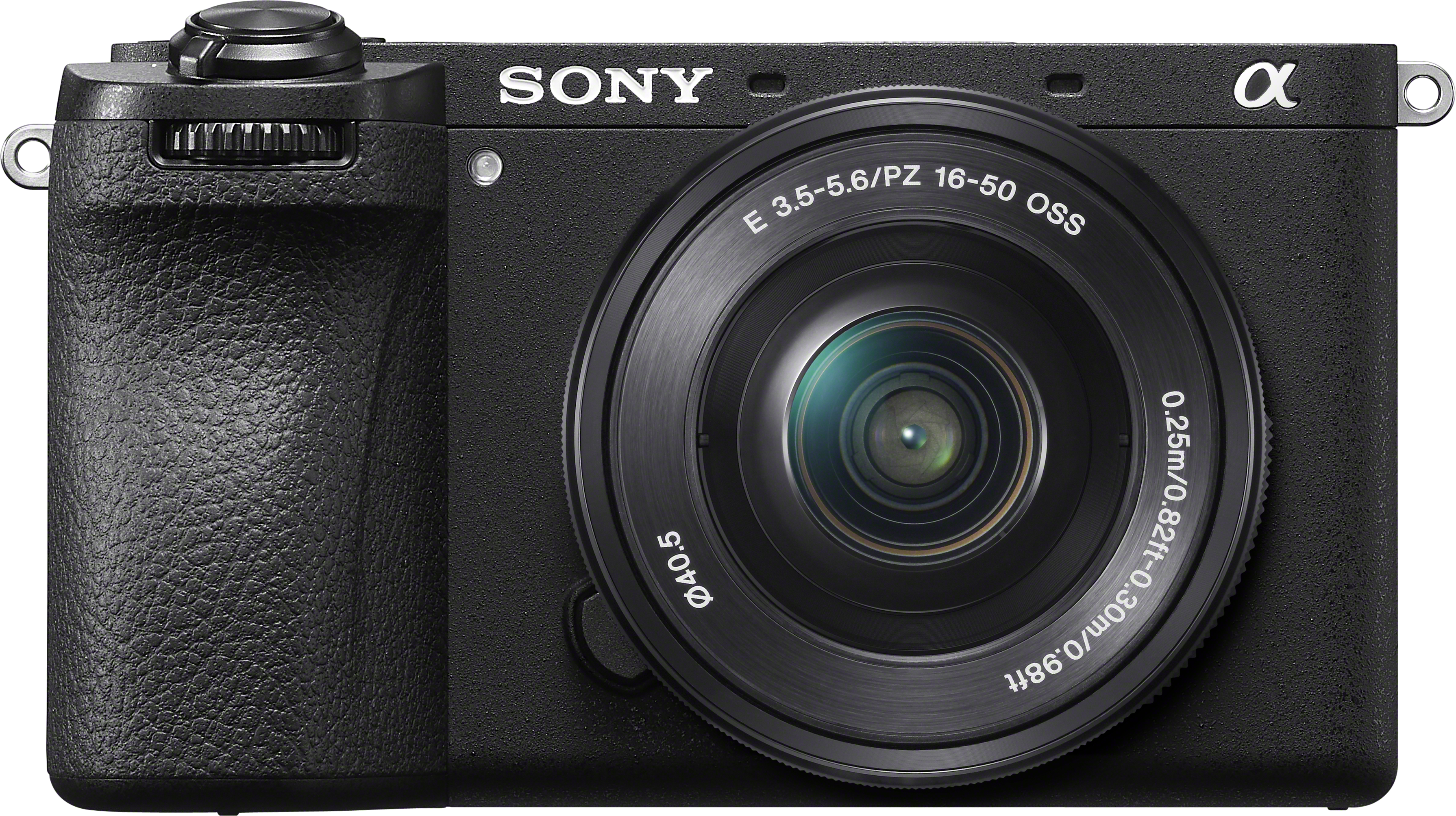 Schwarze Sony Alpha Kamera mit Objektiv, verschiedenen Rädern und einem silbernen Riemenhalter.
