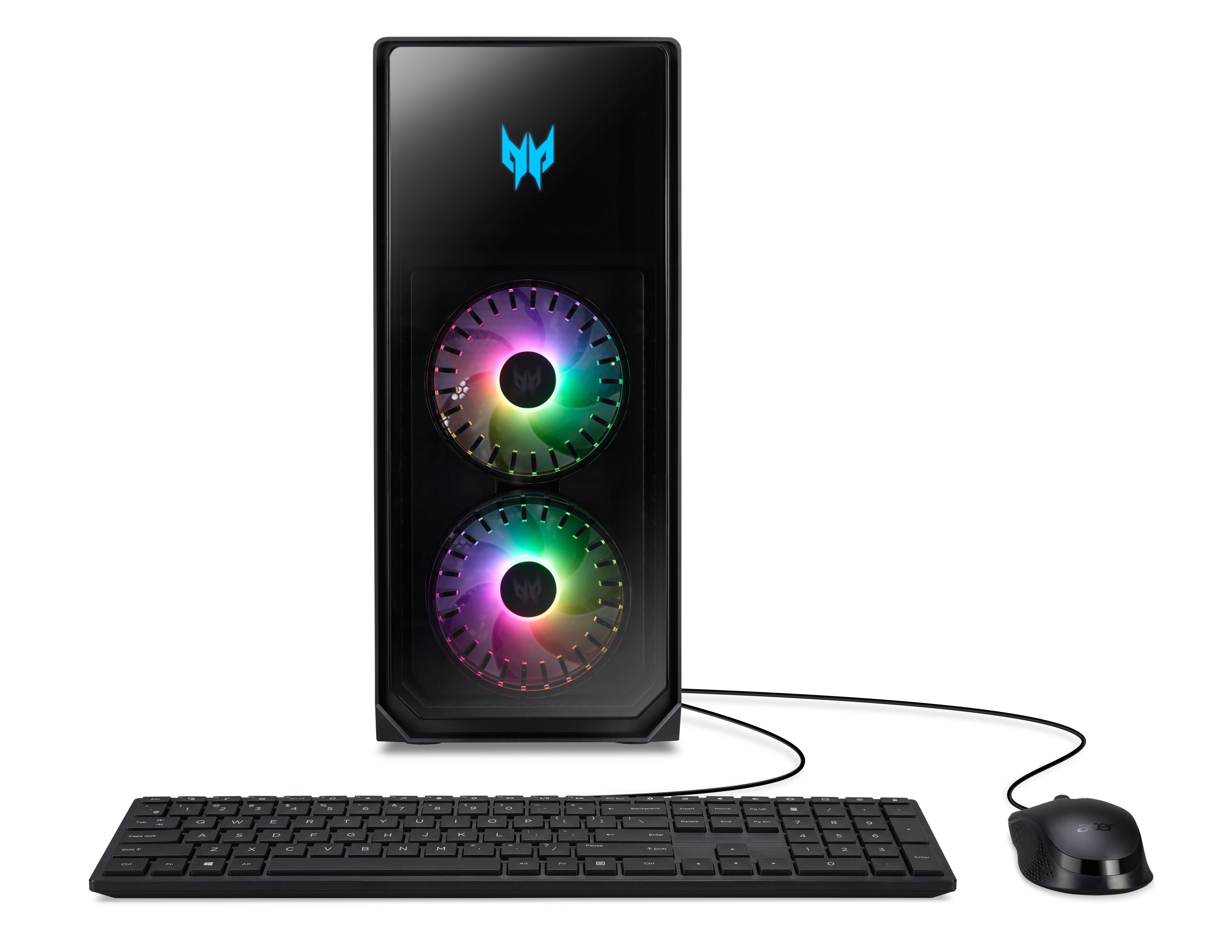Ein Desktop-Computer mit einer schwarzen Tastatur und einer schwarzen Maus daneben, auf einem weißen Tisch.