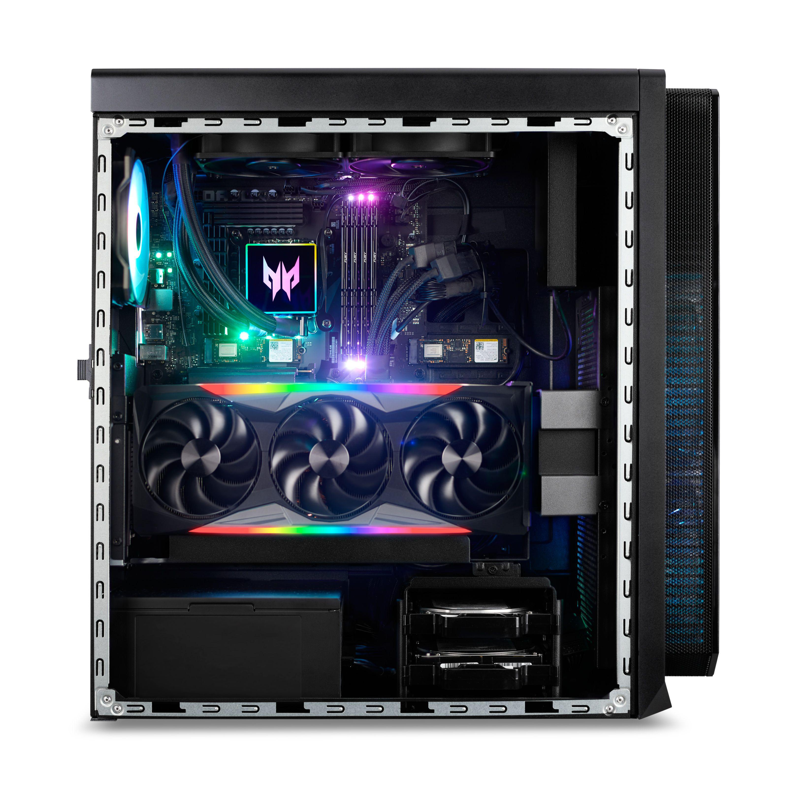 Innerhalb eines Gaming-PCs mit Predator-Logo, Grafikkarte und anderen Komponenten.