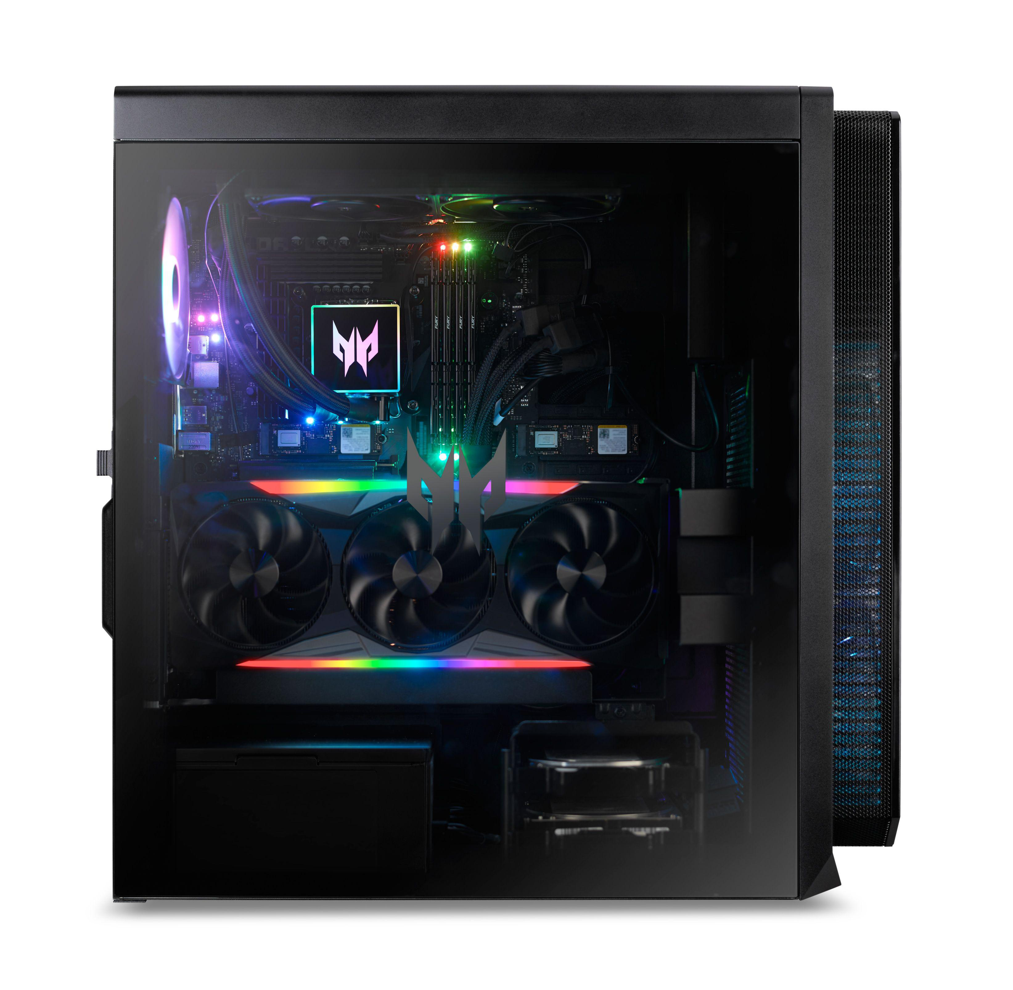 Ein schwarzes Computergehäuse mit einer Glasseitenwand, das interne Komponenten und farbenfrohe Lichter zeigt.
