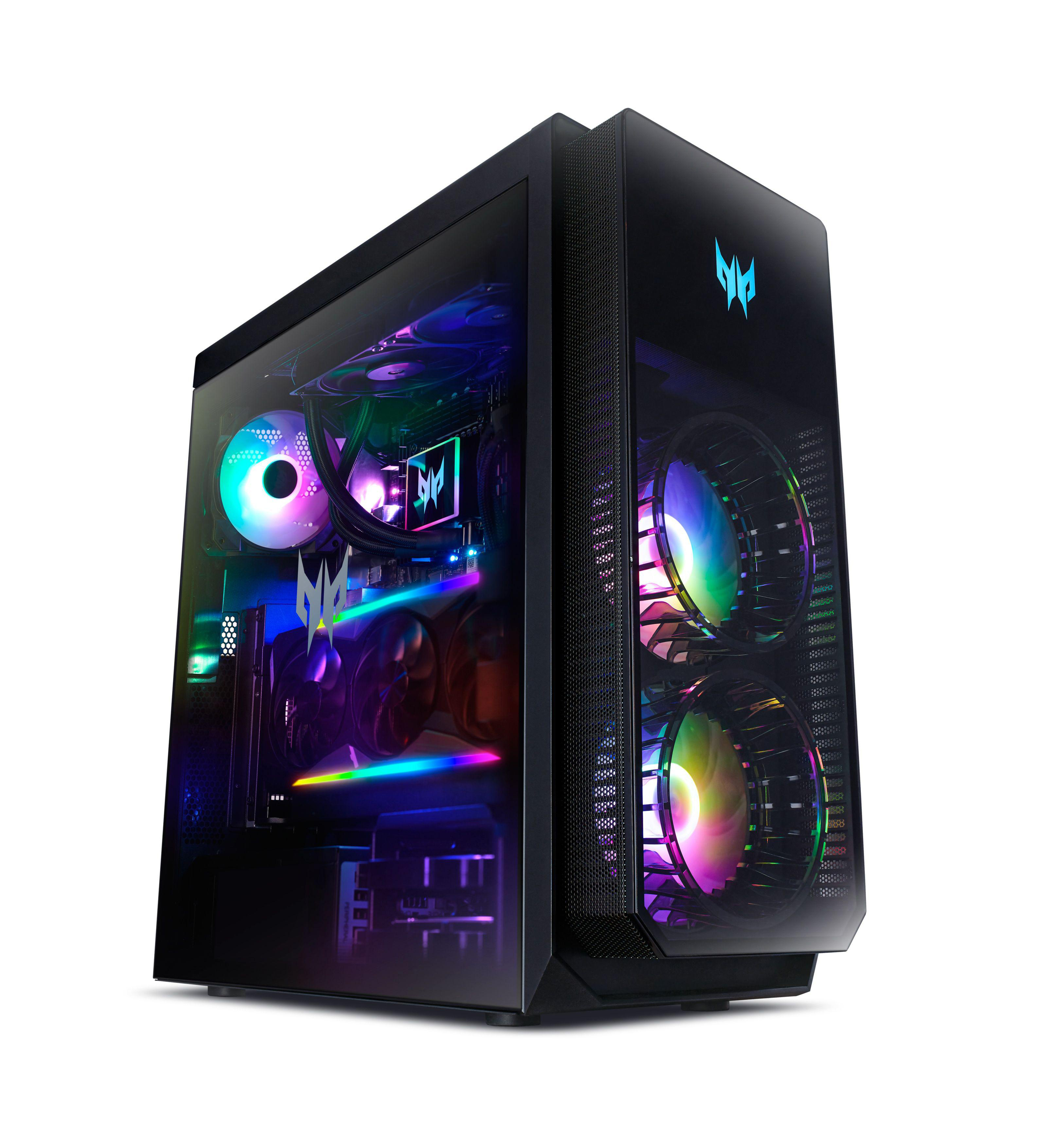 Schwarzer Gaming-PC mit Glas-Seitenwand. RGB-Lichter beleuchten die Komponenten im Inneren.
