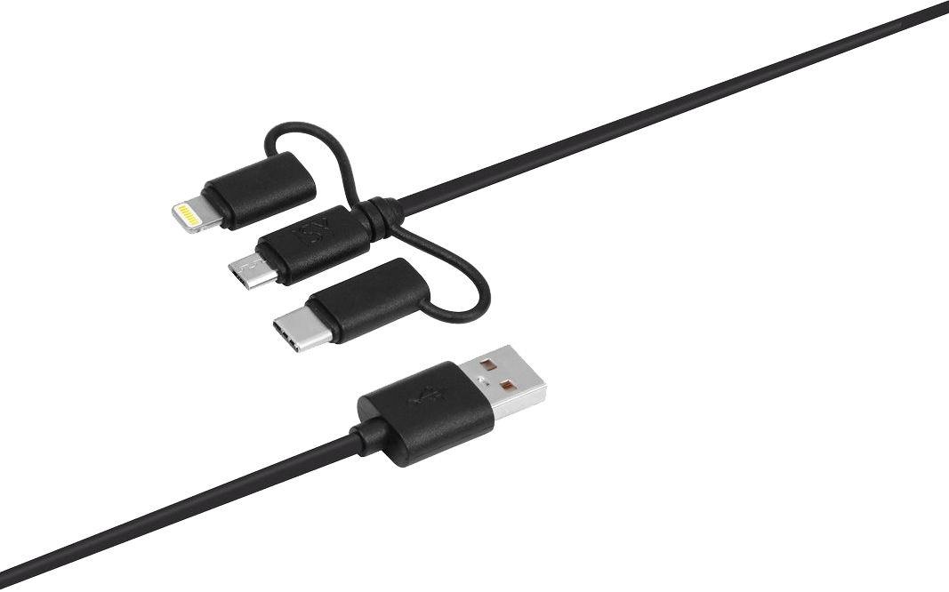 Fekete USB töltőkábel Lightning, Micro-USB és USB-C csatlakozókkal, plusz egy standard USB, fehér háttérrel.