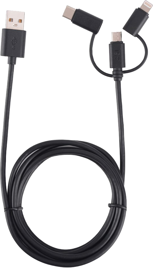 Fekete USB kábel több csatlakozóval: USB, USB-C, Micro USB és Lightning.