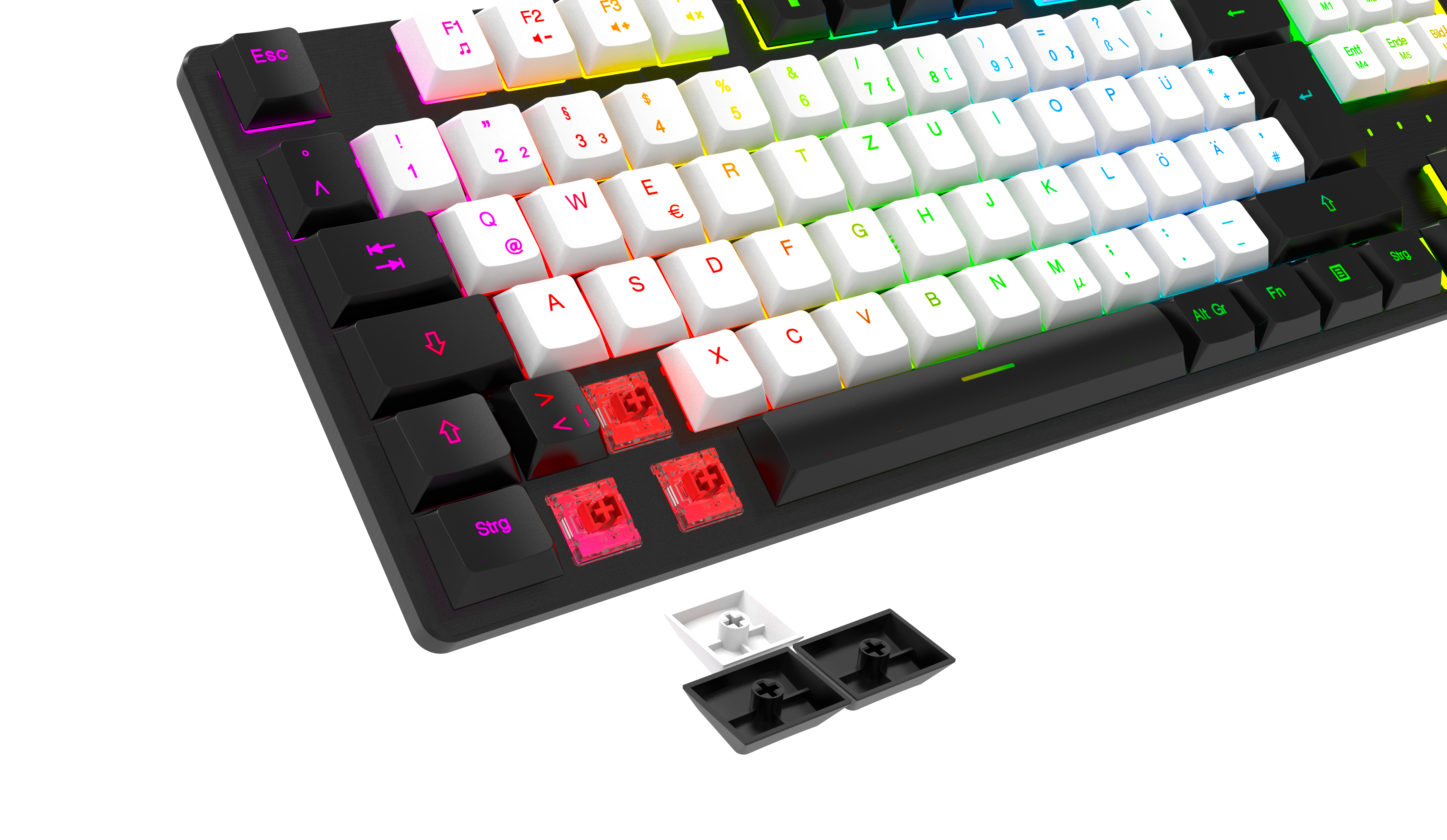 Nahaufnahme einer mechanischen Tastatur mit roten Schaltern und weißen Tasten.