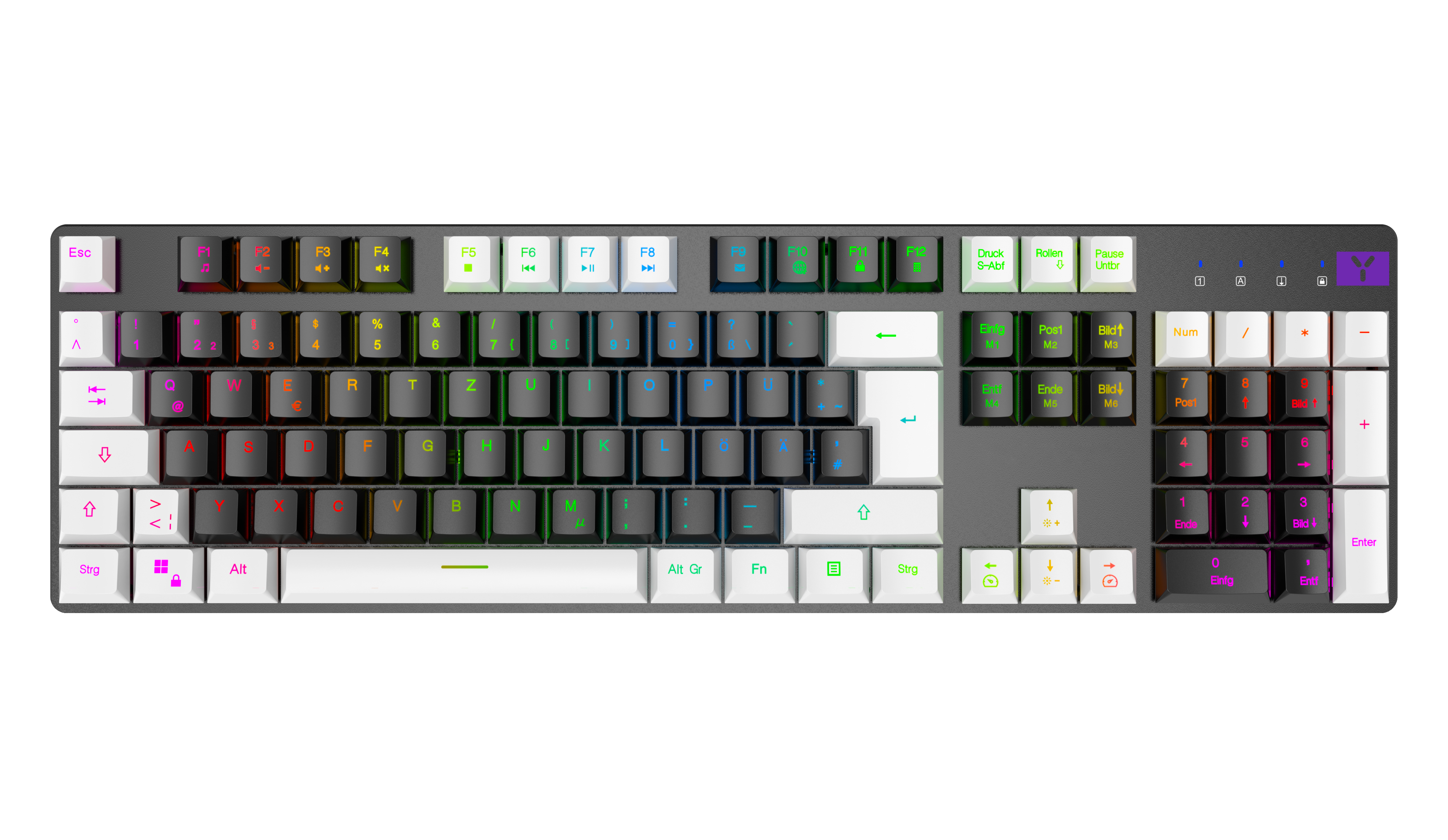 Eine Tastatur mit mehreren Farben auf den Tasten. Einige Tasten sind weiß, andere grau und schwarz.