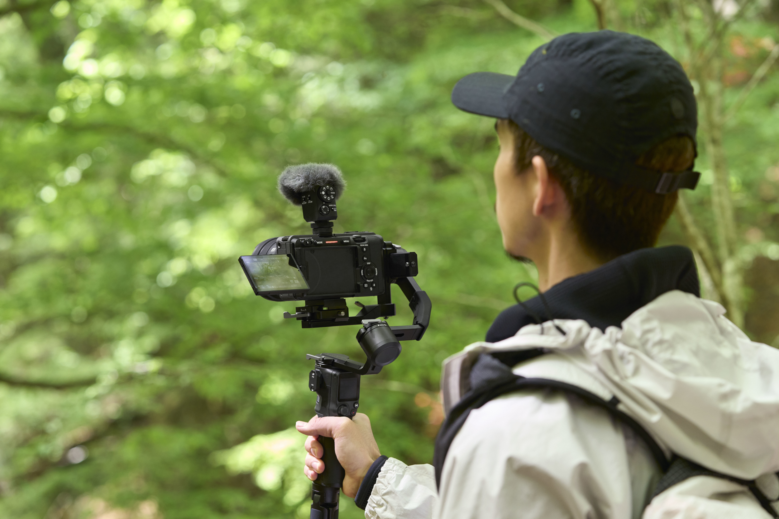Eine Person filmt mit einer Kamera auf einem Gimbal in einem Wald, blickt auf den Bildschirm.