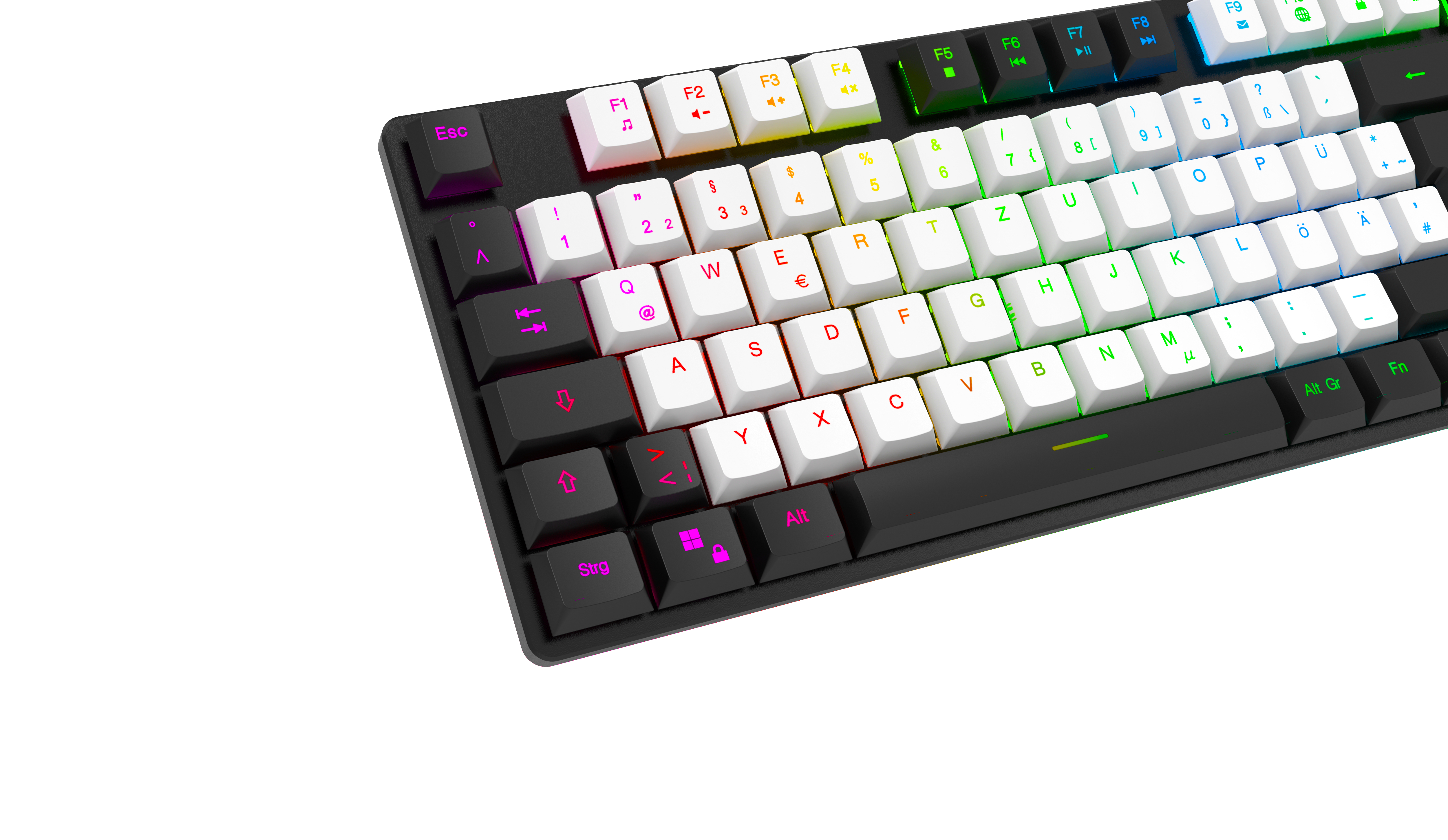 Nahaufnahme einer schwarzen Tastatur mit mehrfarbigen Tasten. Sie befindet sich auf weißem Hintergrund.