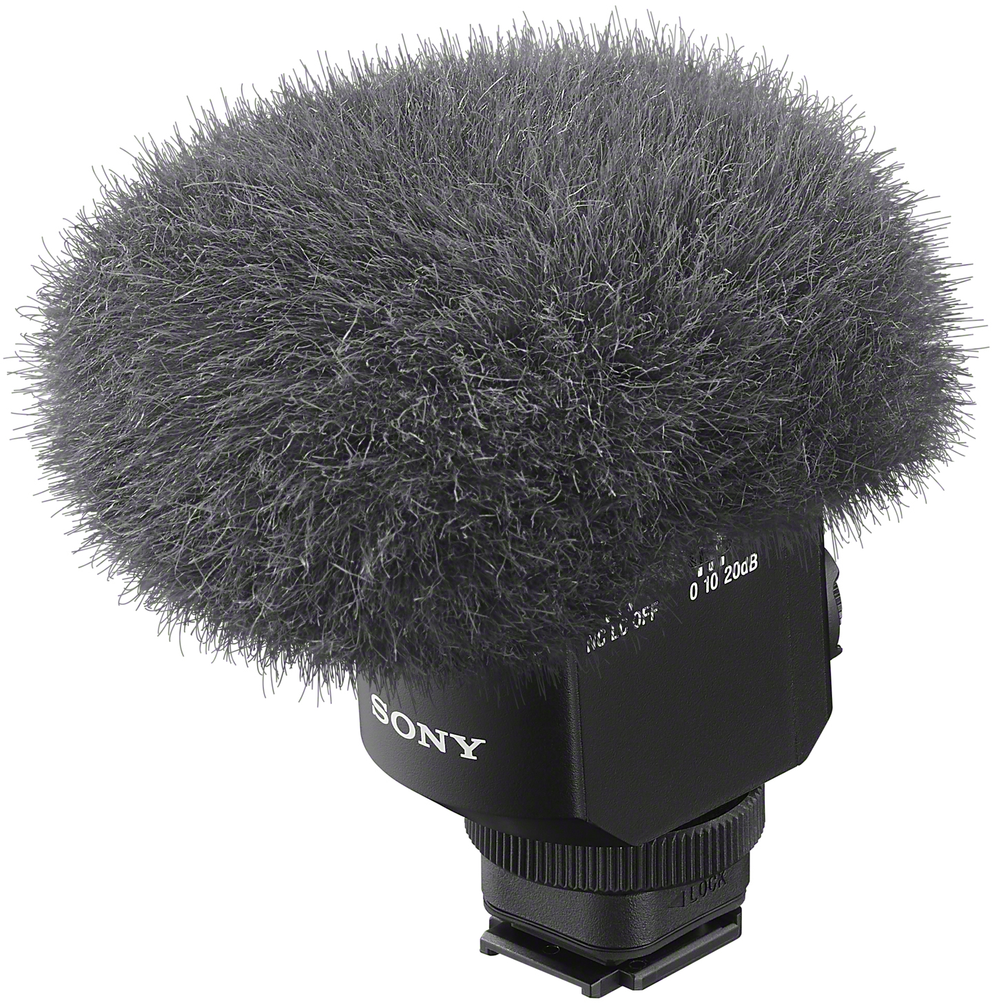 Ein Sony-Mikrofon mit flauschigem, grauem Windschutz. Das Mikrofon ist schwarz, mit weißer Schrift und einem Verriegelungsmechanismus.