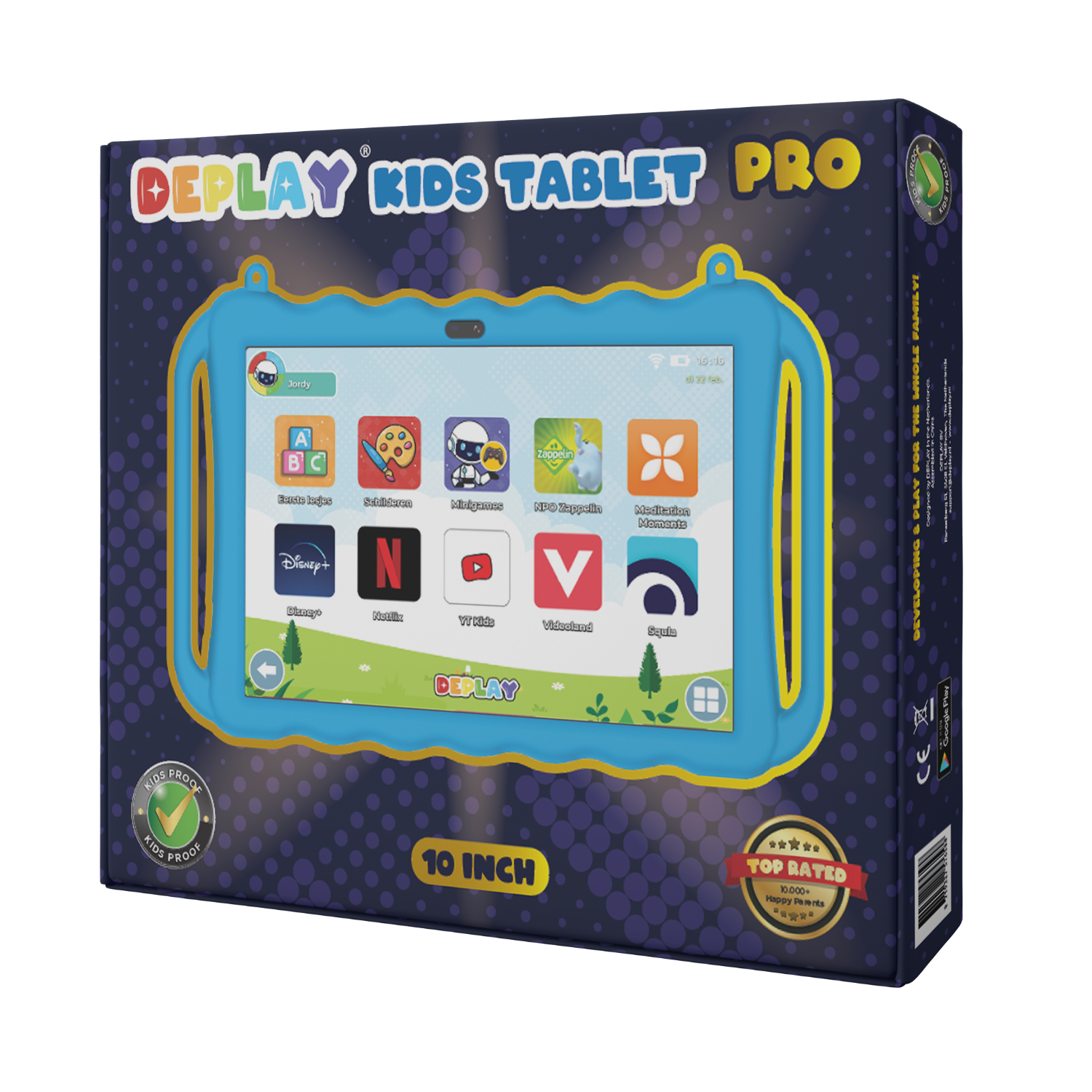 Een blauwe DEPLAY Kids Tablet Pro doos. Het tabletscherm toont apps. Tekst op de doos is "KIDS PROOF" en "10 INCH".