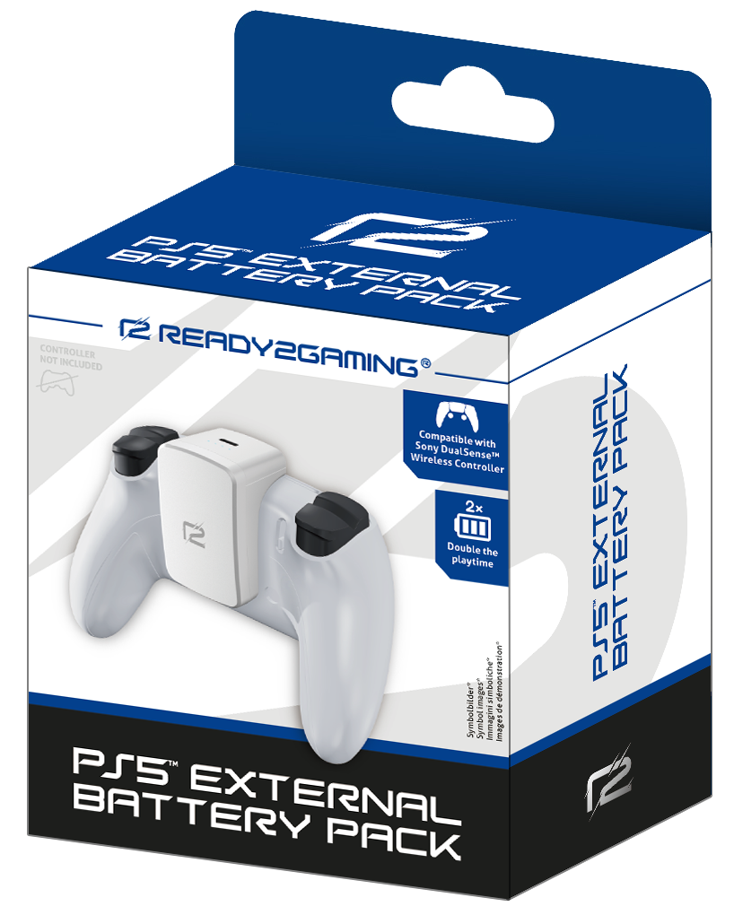 Eine PS5 externe Akku-Box, weißer Controller mit Akku, in einer blauen Box.