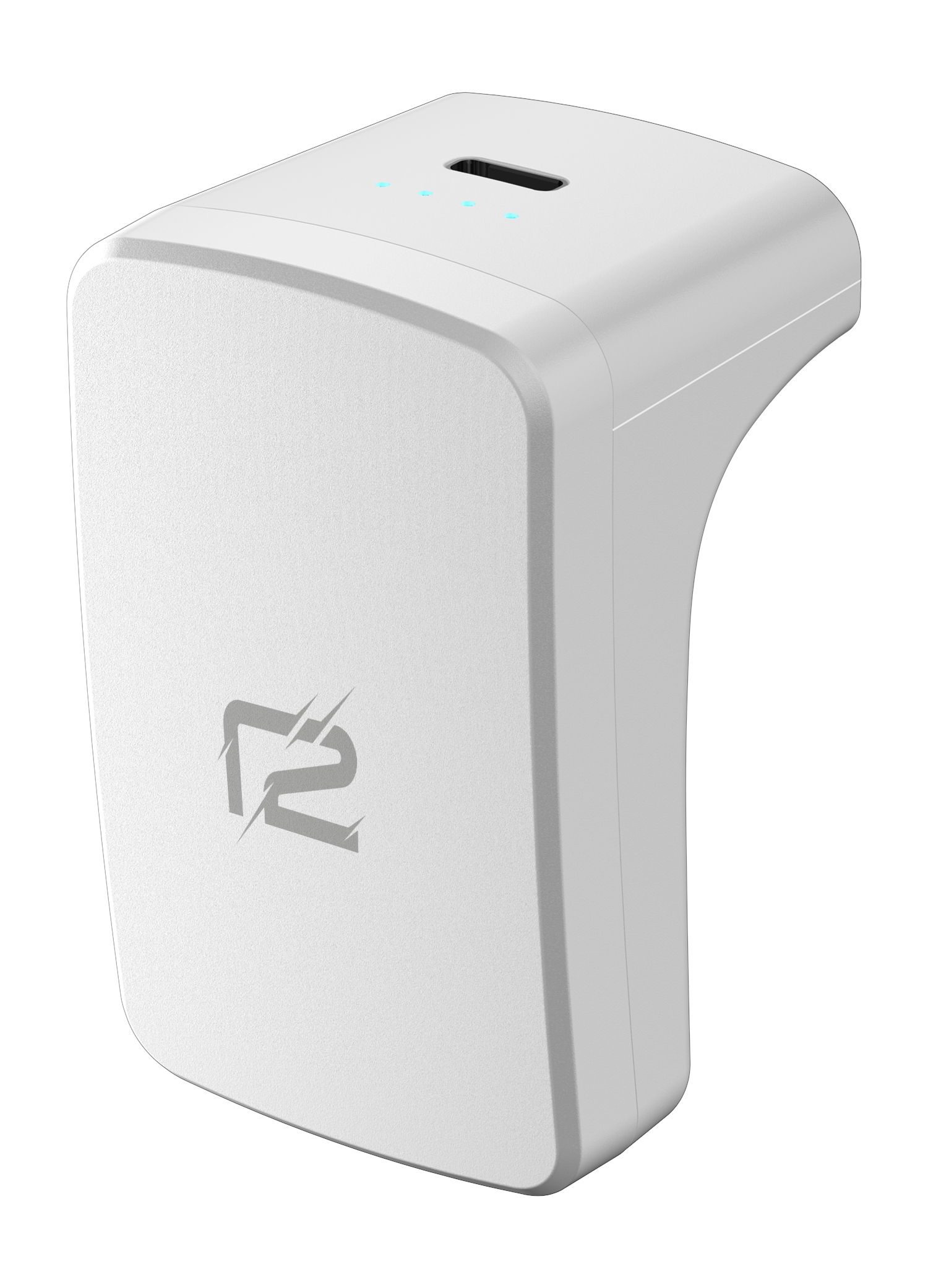 Weiße Powerbank mit Logo und zwei blauen Lichtern auf schwarzem Hintergrund.