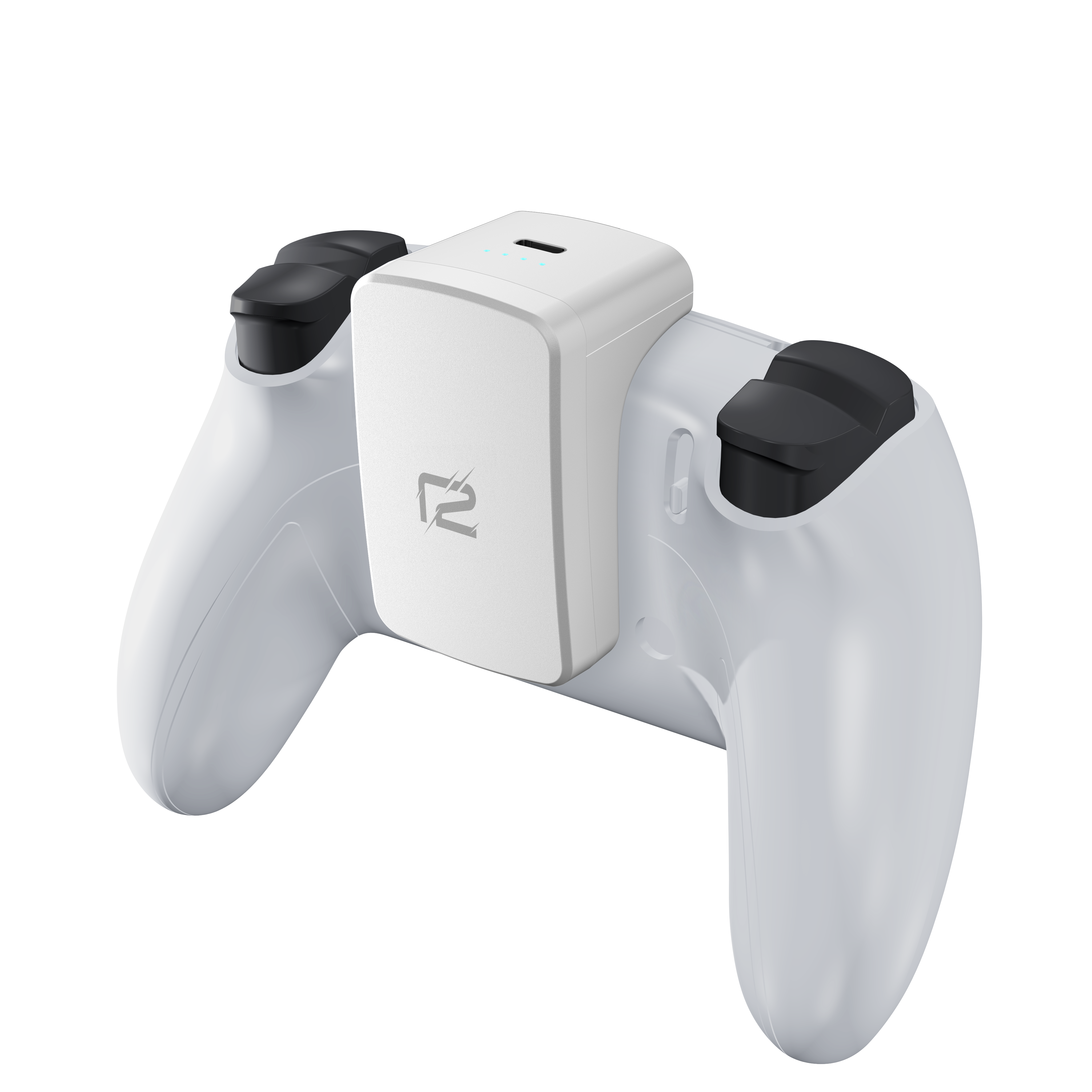 Weißer Gamecontroller mit angebrachtem weißem Ladegerät.