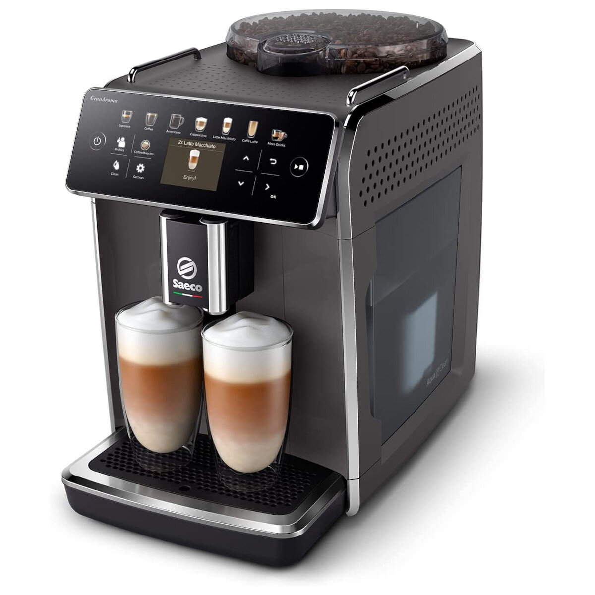 Ekspres do kawy z dwoma szklankami kawy.