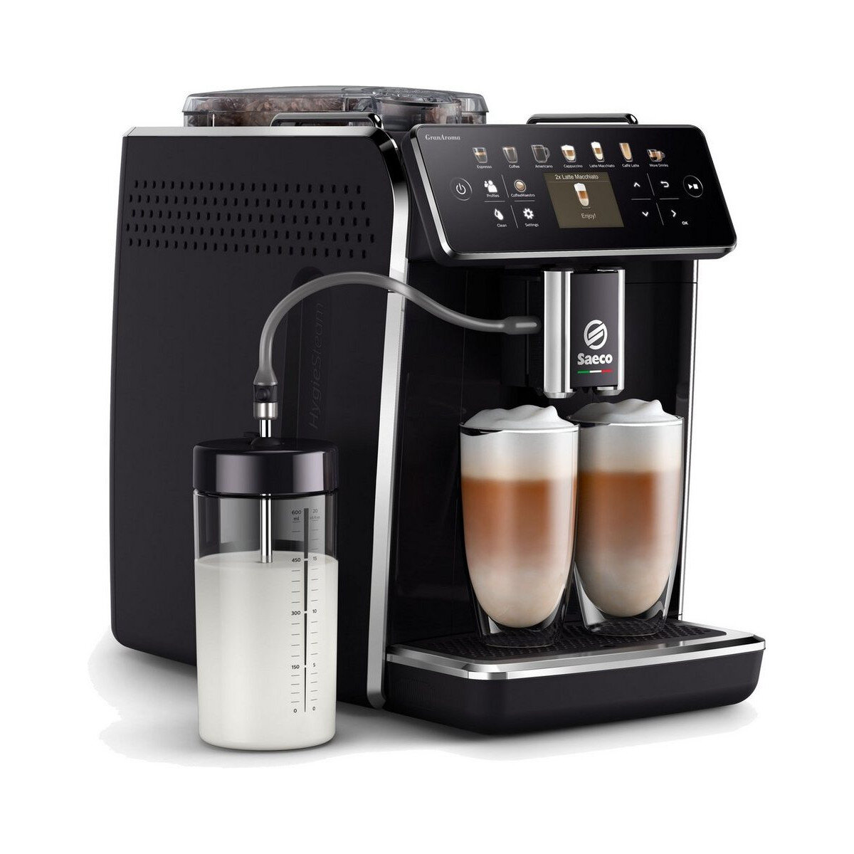 Czarny ekspres do kawy ze pojemnikiem na mleko i dwiema szklankami latte.