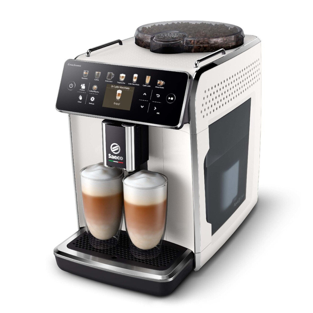 Biały i srebrny ekspres do kawy z dwoma szklankami latte macchiato. Ma czarny ekran.