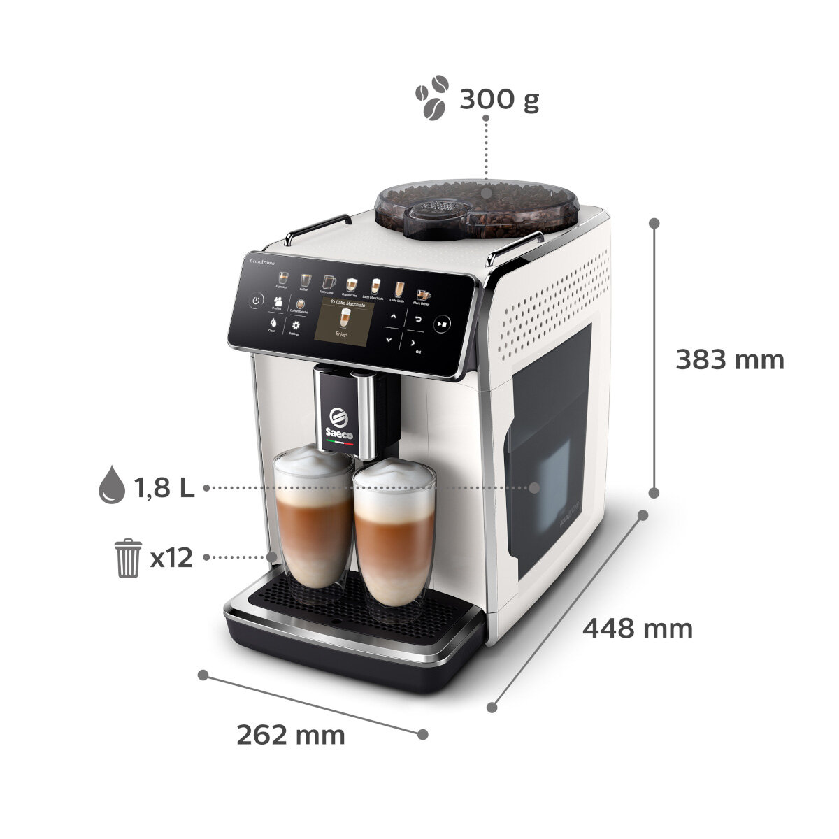 Biały ekspres do kawy Saeco z filiżankami i wymiarami.