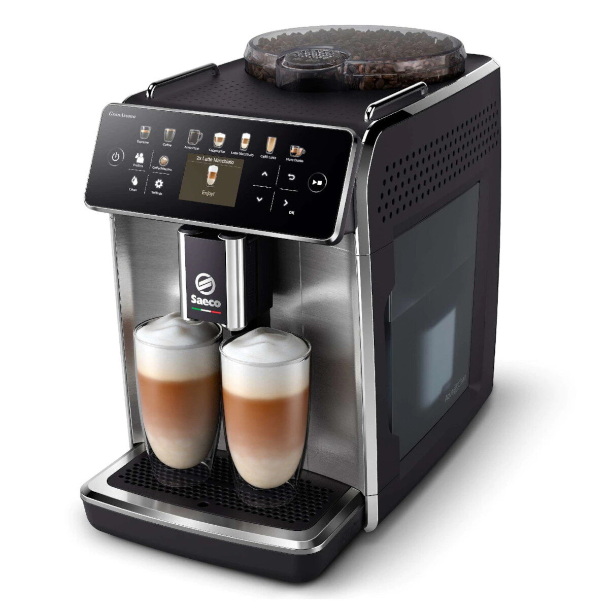 Czarny i srebrny ekspres do espresso z dwoma latte macchiato. Białe tło. Widoczny panel wyświetlacza.