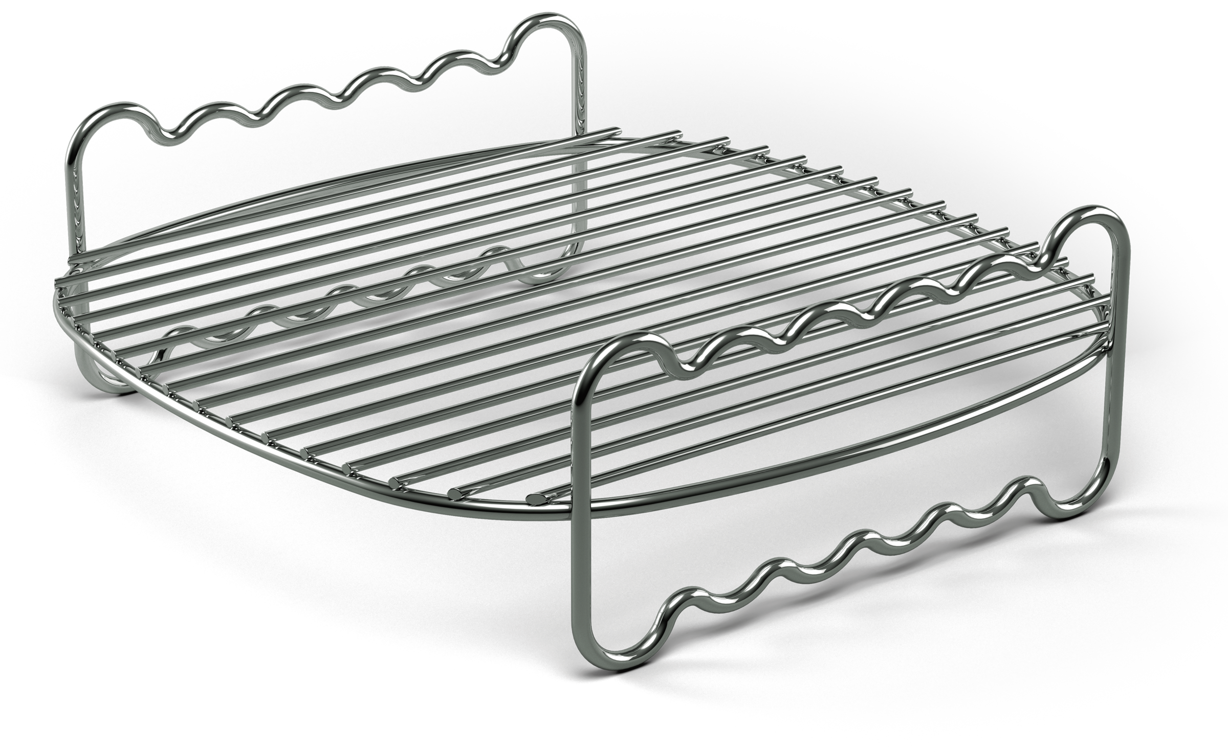 Chromowany ruszt do grilla z falistymi krawędziami, na białym tle.
