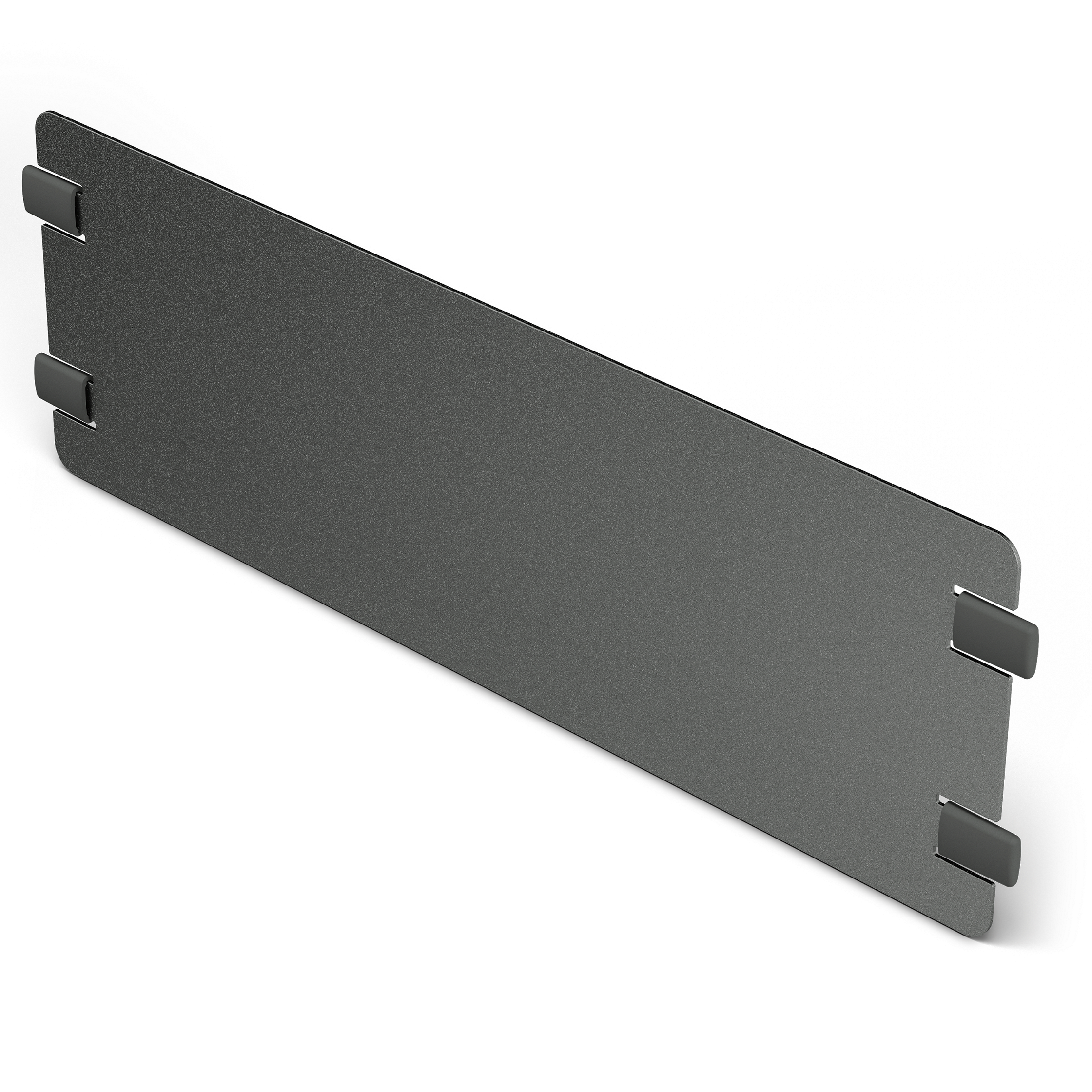 Ciemnoszary panel metalowy z czarnymi plastikowymi klipsami, na białym tle, widok pod kątem.