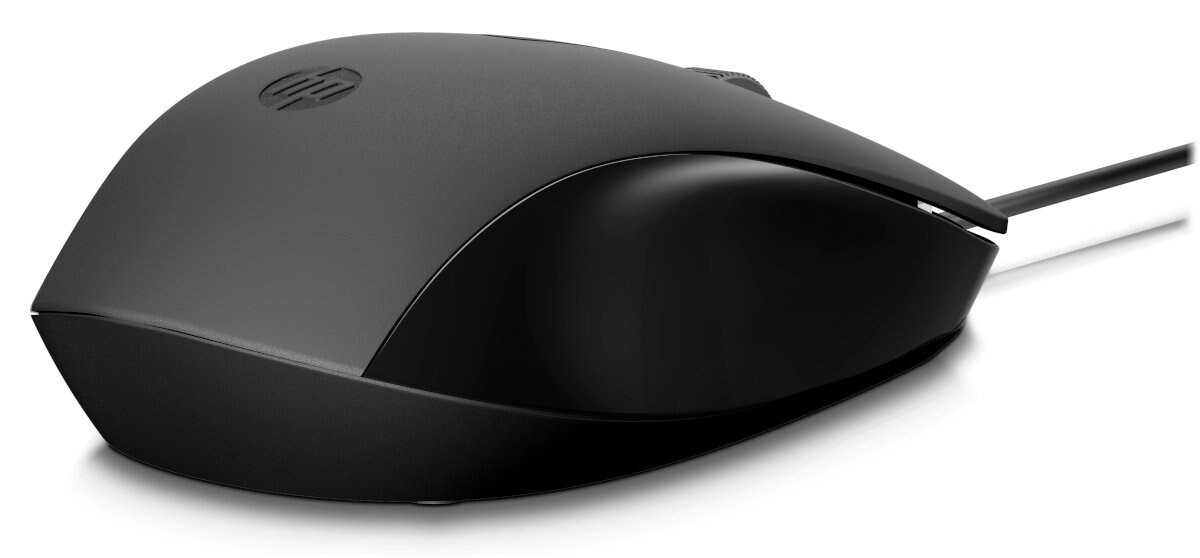 Czarna mysz komputerowa HP na białej powierzchni, zbliżenie.