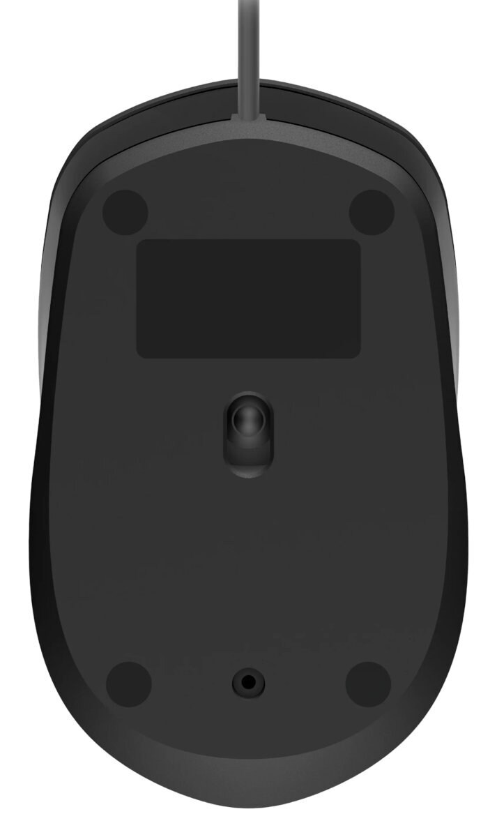 Widok od spodu czarnej myszy komputerowej. Zawiera czujnik, przycisk i trzy małe nóżki.