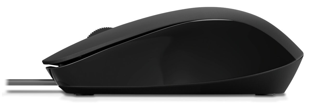 Czarna mysz komputerowa z kółkiem przewijania, widok z boku, na białym tle.