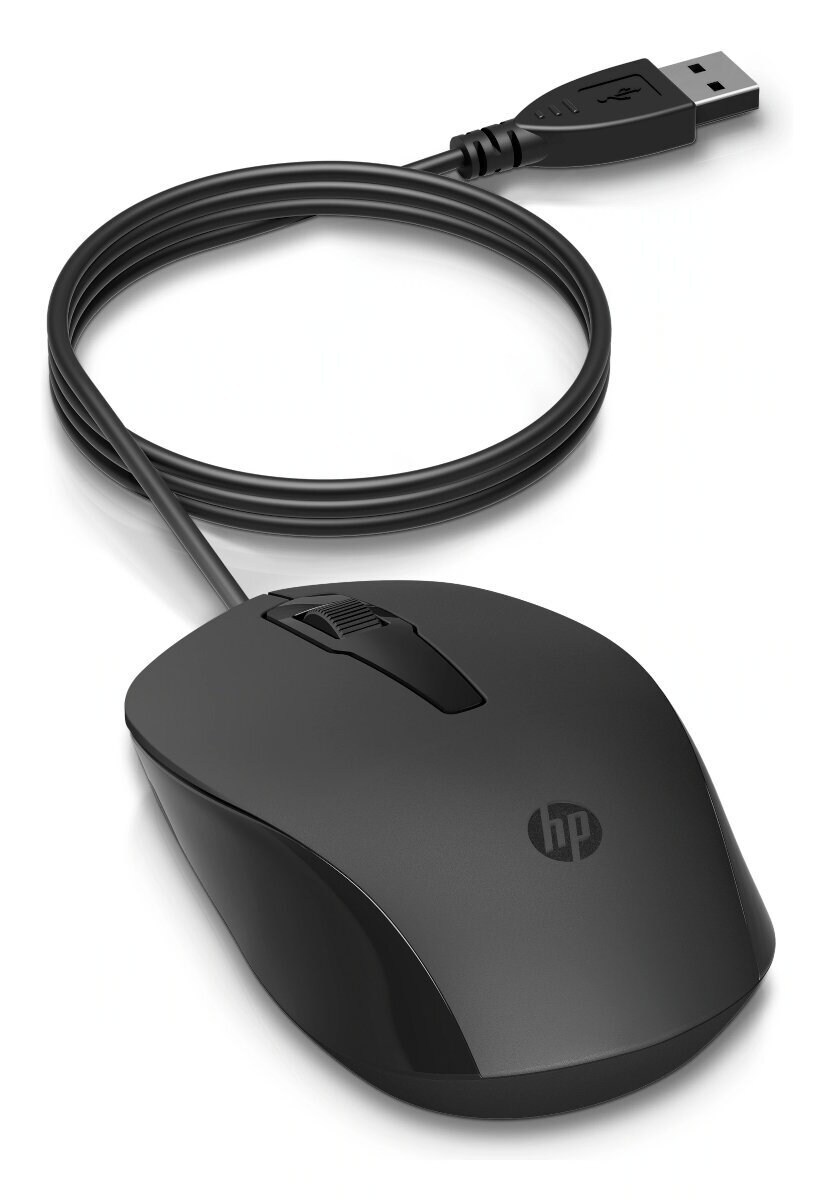 Czarna mysz komputerowa z kablem i logo.