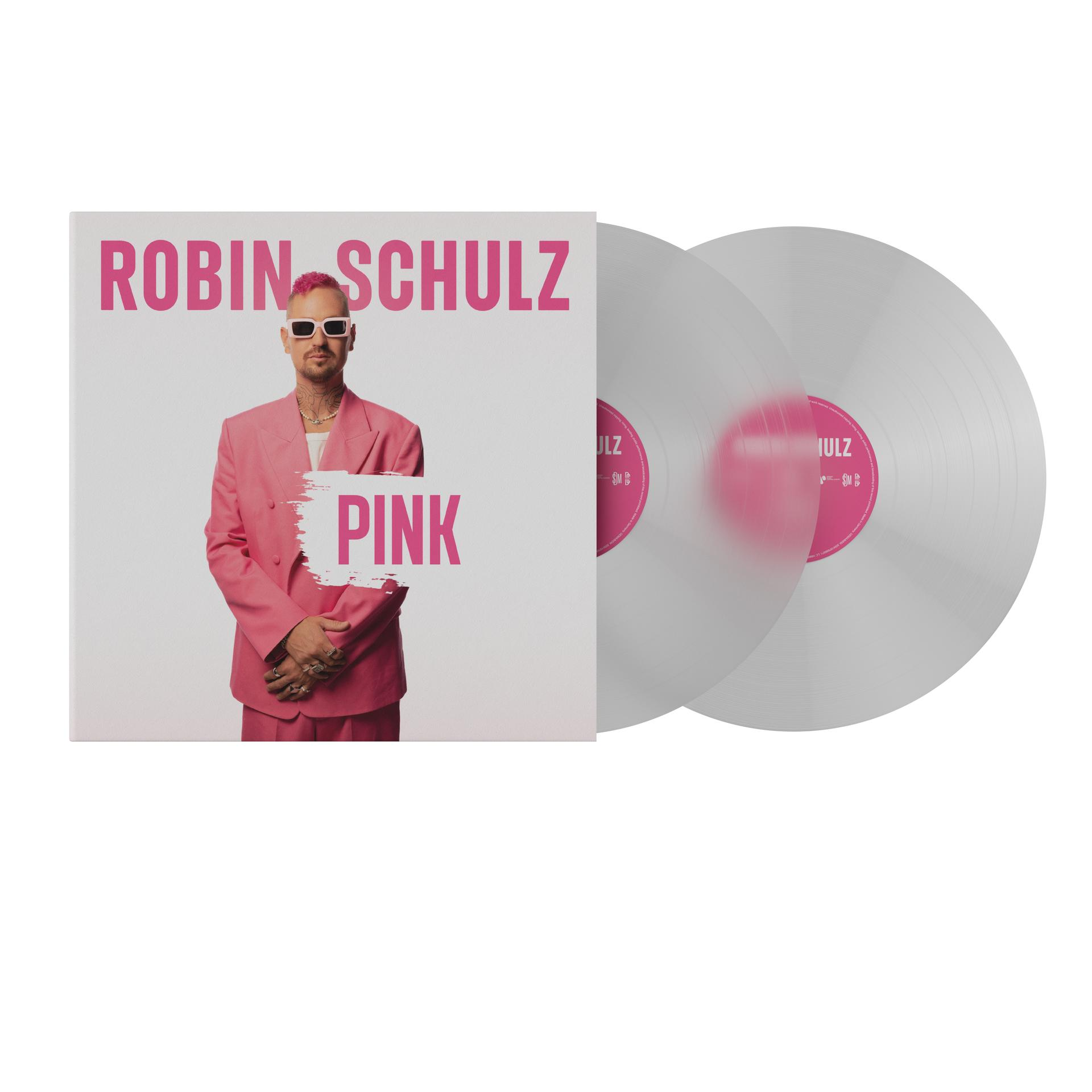 Albumcover von Robin Schulz' Pink, mit einem Mann in pinkfarbenem Anzug und zwei Vinylplatten.