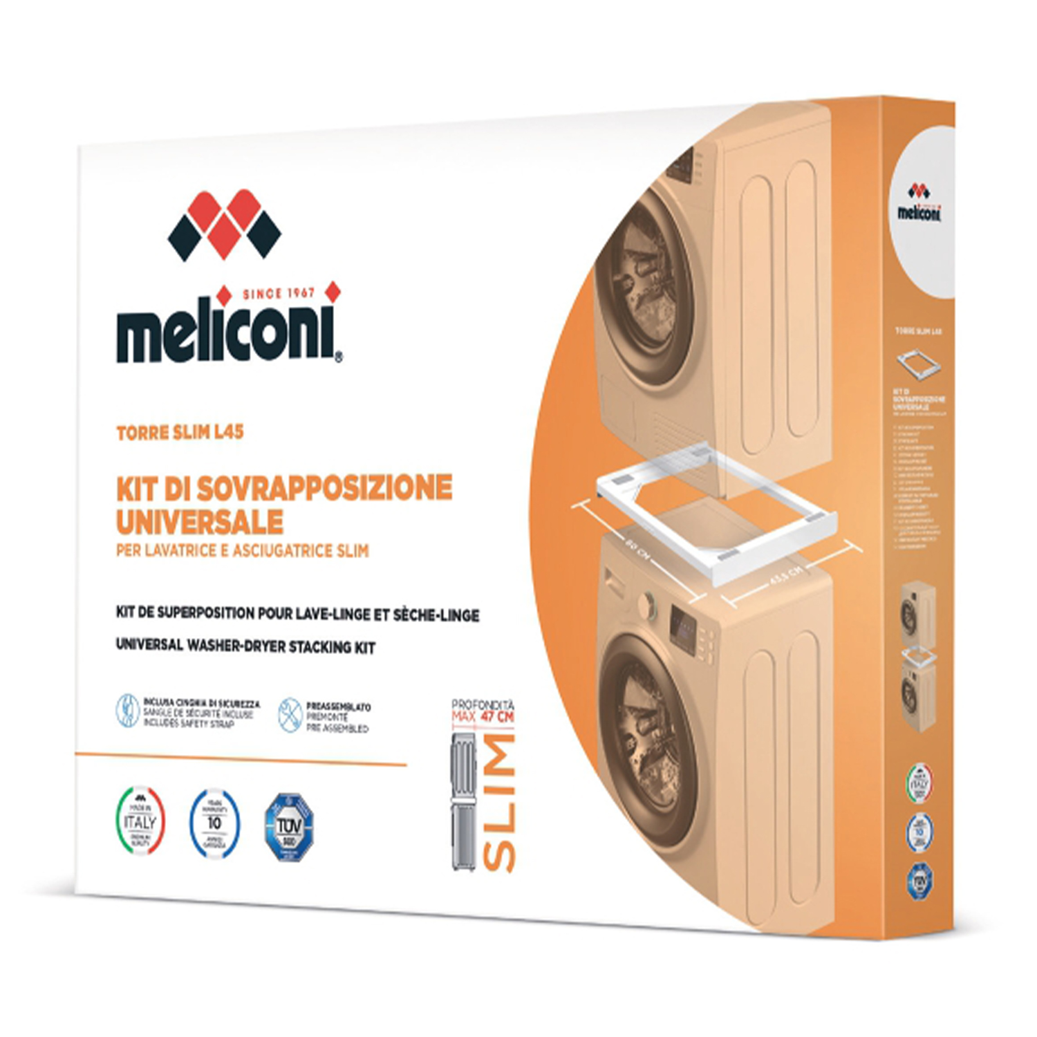 Scatola del kit di sovrapposizione Meliconi, con immagini di lavatrice e asciugatrice.